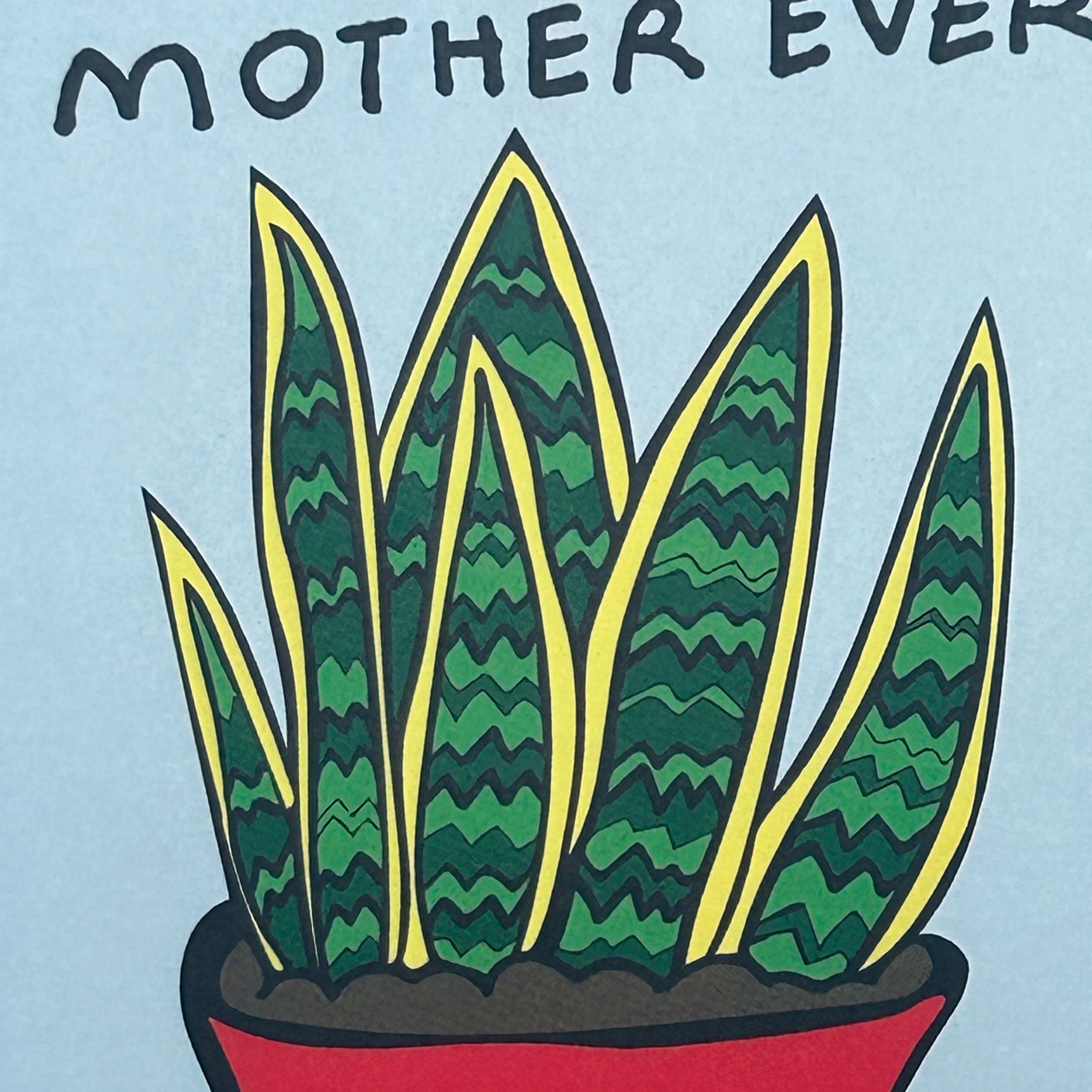 Potted plant with green leaves and red pot on a light blue background with text