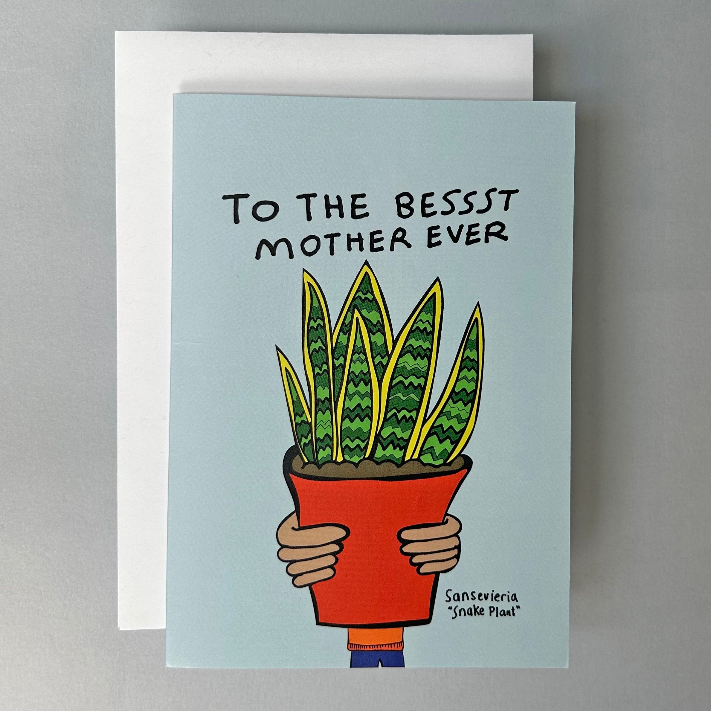 Greeting card with a potted snake plant illustration and text 'To the besst mother ever' on a light blue background.