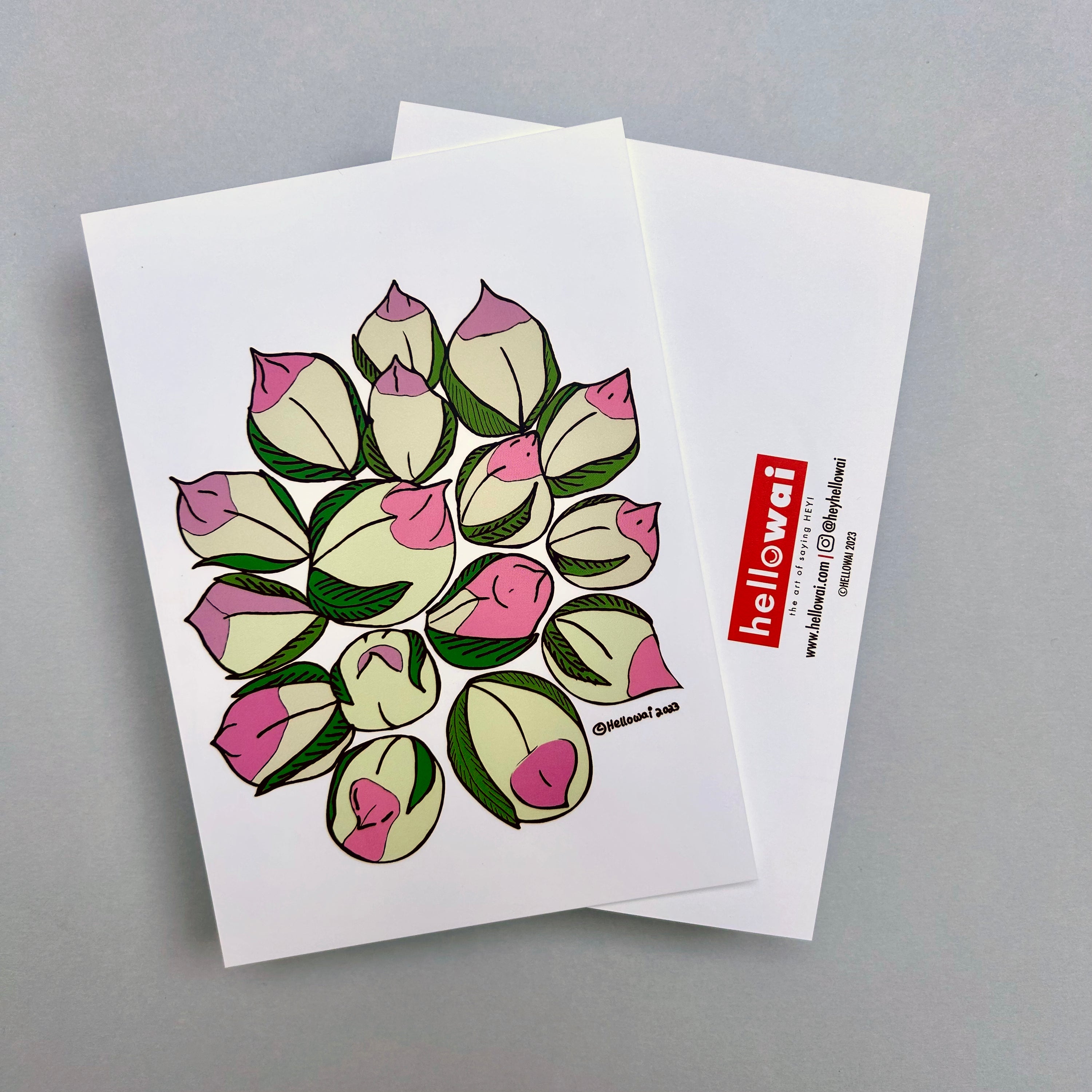 Front and back view of an A6 Hello Wai flat notecard. Front has colour illustration of a display of Chinese birthday buns that resembles a bouquet, printed on white card. Back has the Hello Wai logo.