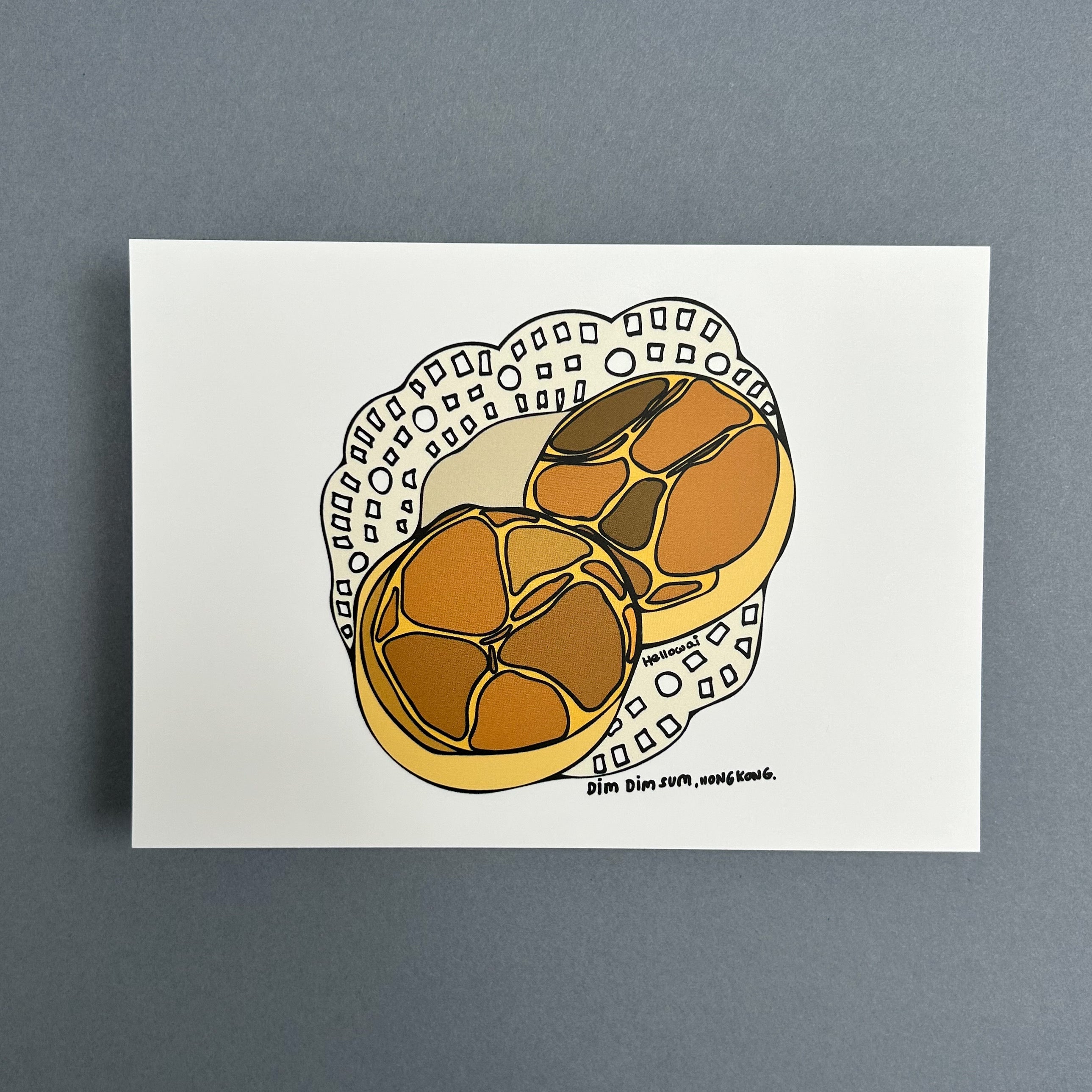 An A6 Hello Wai flat notecard with a colour illustration of two bolo bao on a paper doily napkin, printed on white card. 