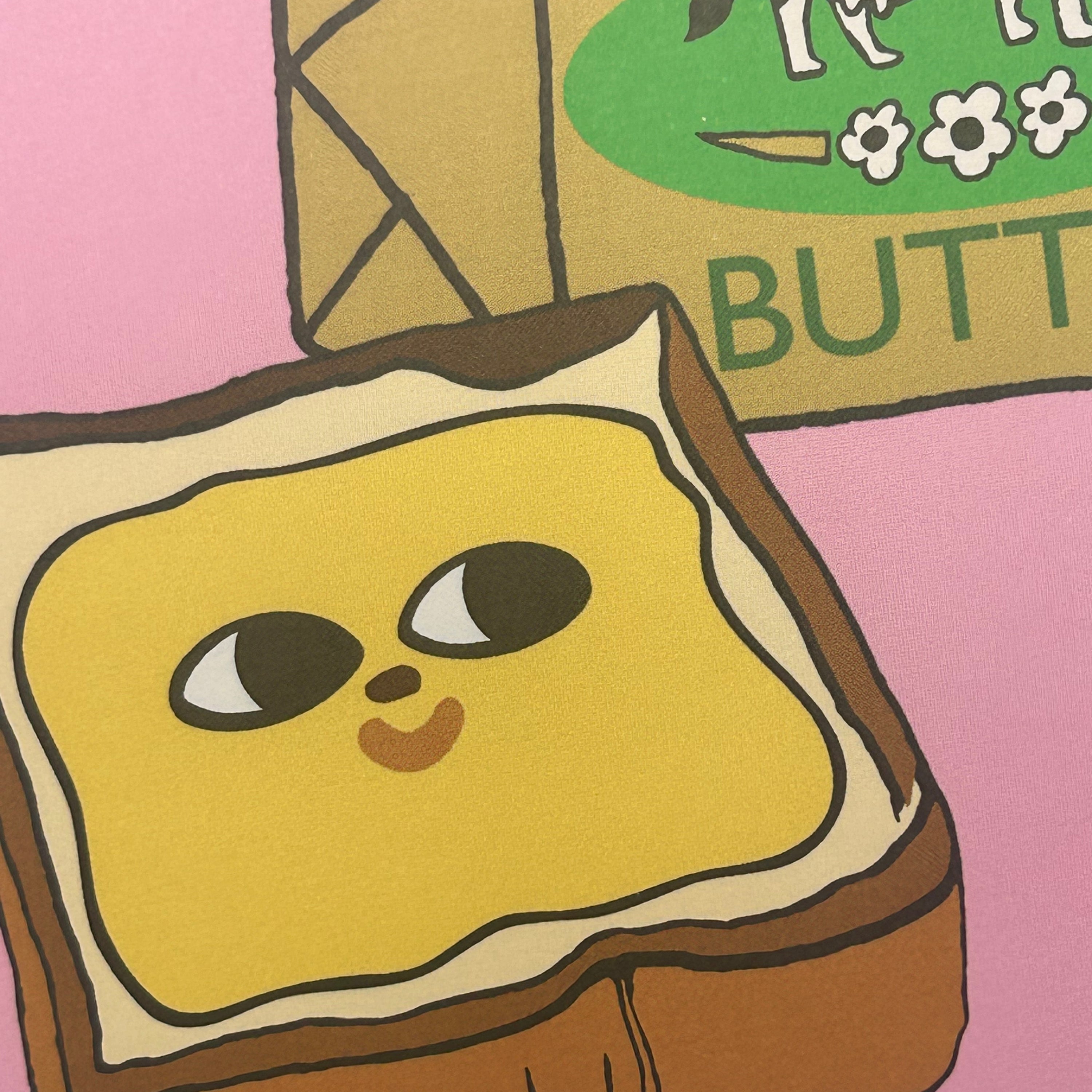 Cartoon toast with a face on a pink background