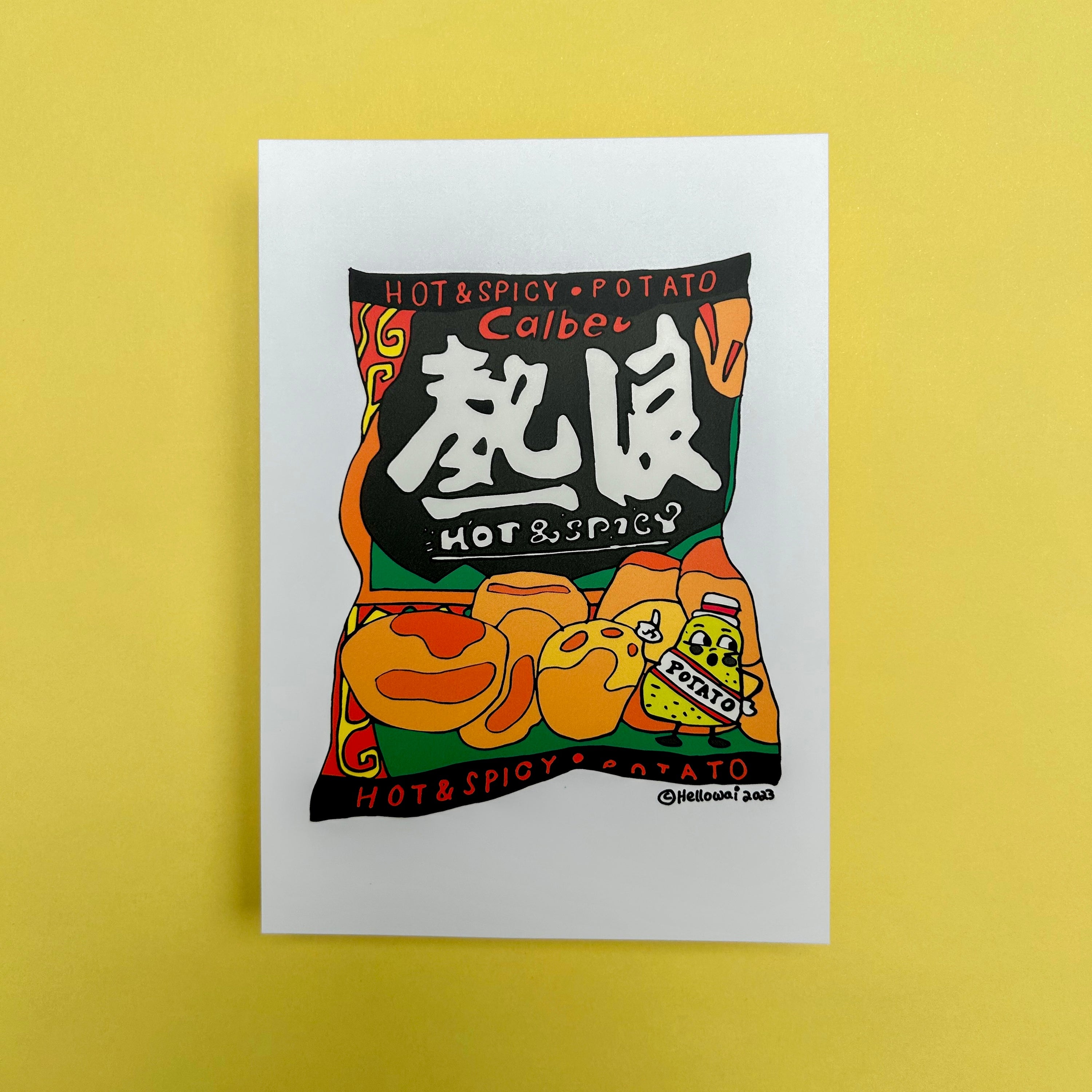 An A6 Hello Wai flat notecard with a colour illustration of a bag of Calbee Hot and Spicy Potato chips, printed on white card.