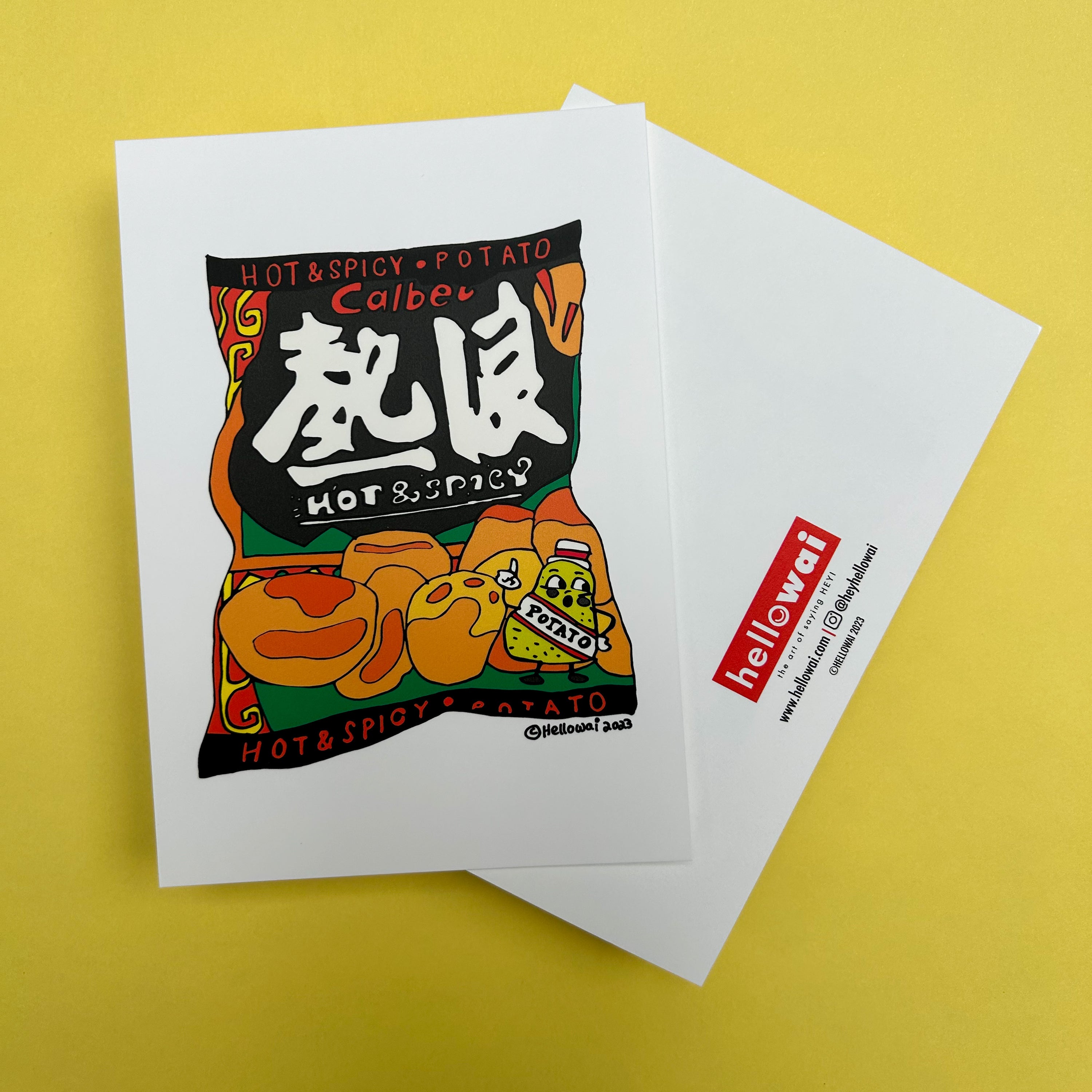 Front and back view of an A6 Hello Wai flat notecard. Front has colour illustration of a bag of Calbee Hot and Spicy Potato chips. Back has the Hello Wai logo.