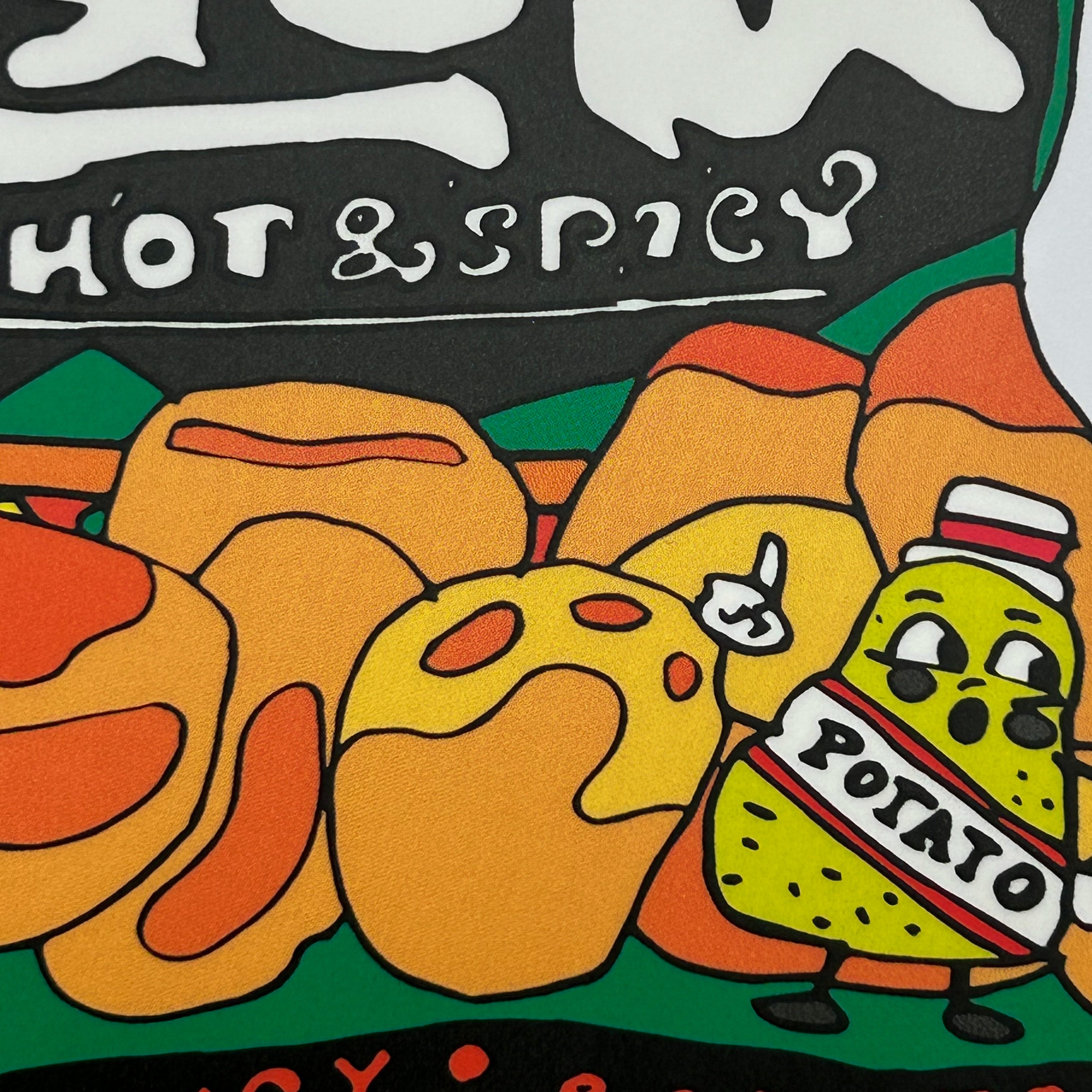 Close up detail of a colour illustration of a bag of Calbee Hot and Spicy Potato chips.