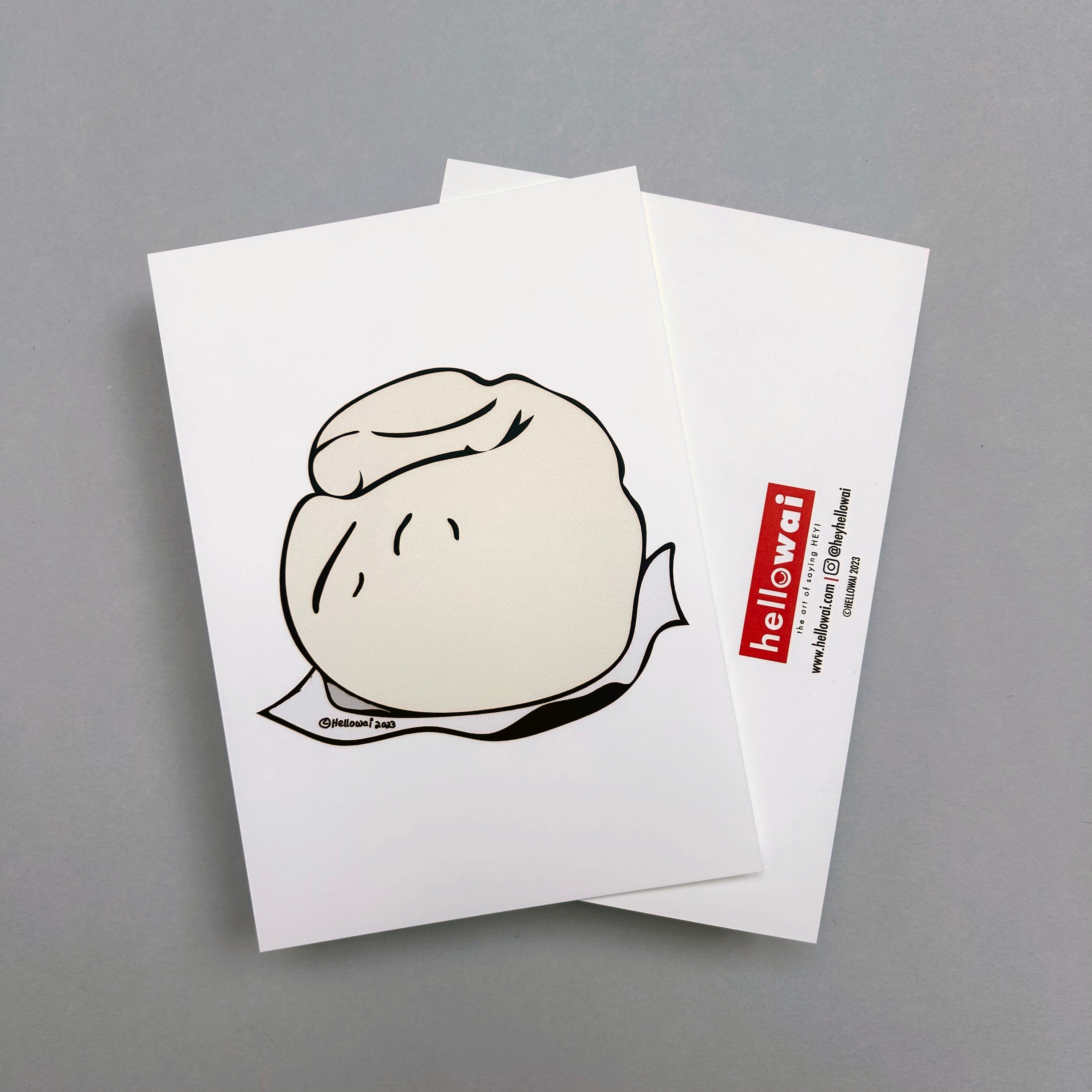 Front and back view of an A6 Hello Wai flat notecard. Front has colour illustration of a char siu bao, printed on white card. Back has the Hello Wai logo.