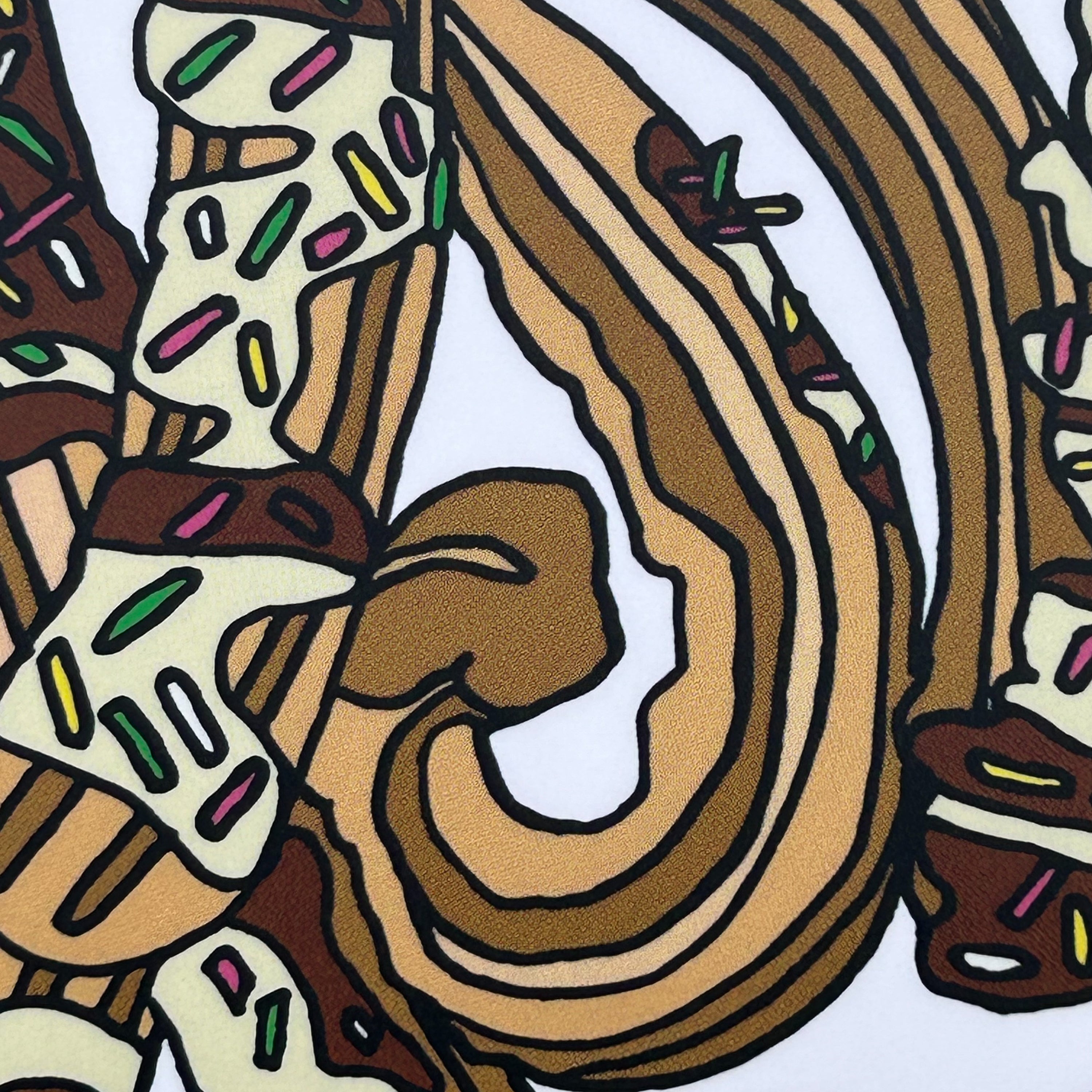Close up detail of a colour illustration of Churros covered in white and milk chocolate sauce and rainbow sprinkles.