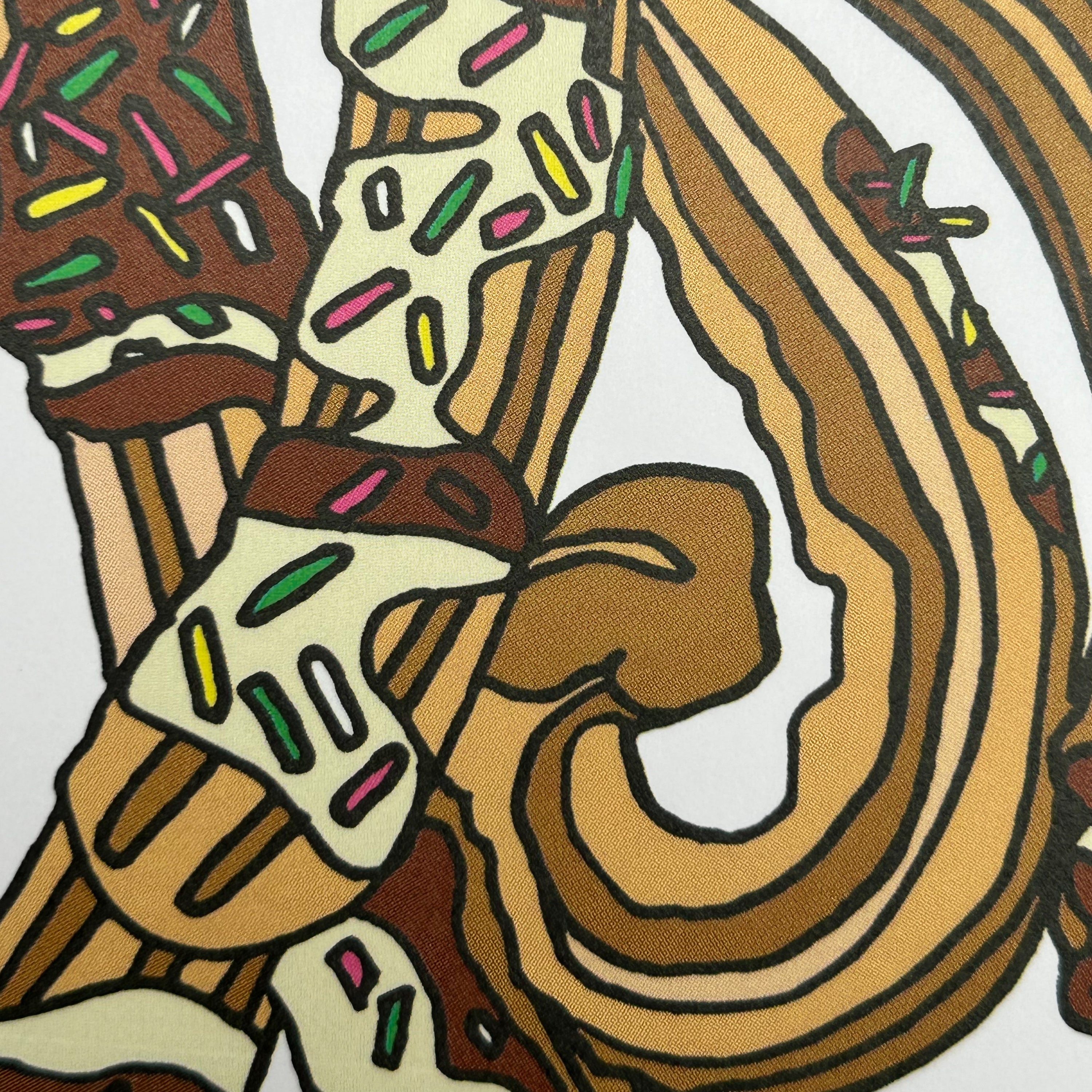 Close up detail of a colour illustration of Churros covered in white and milk chocolate sauce and rainbow sprinkles. 