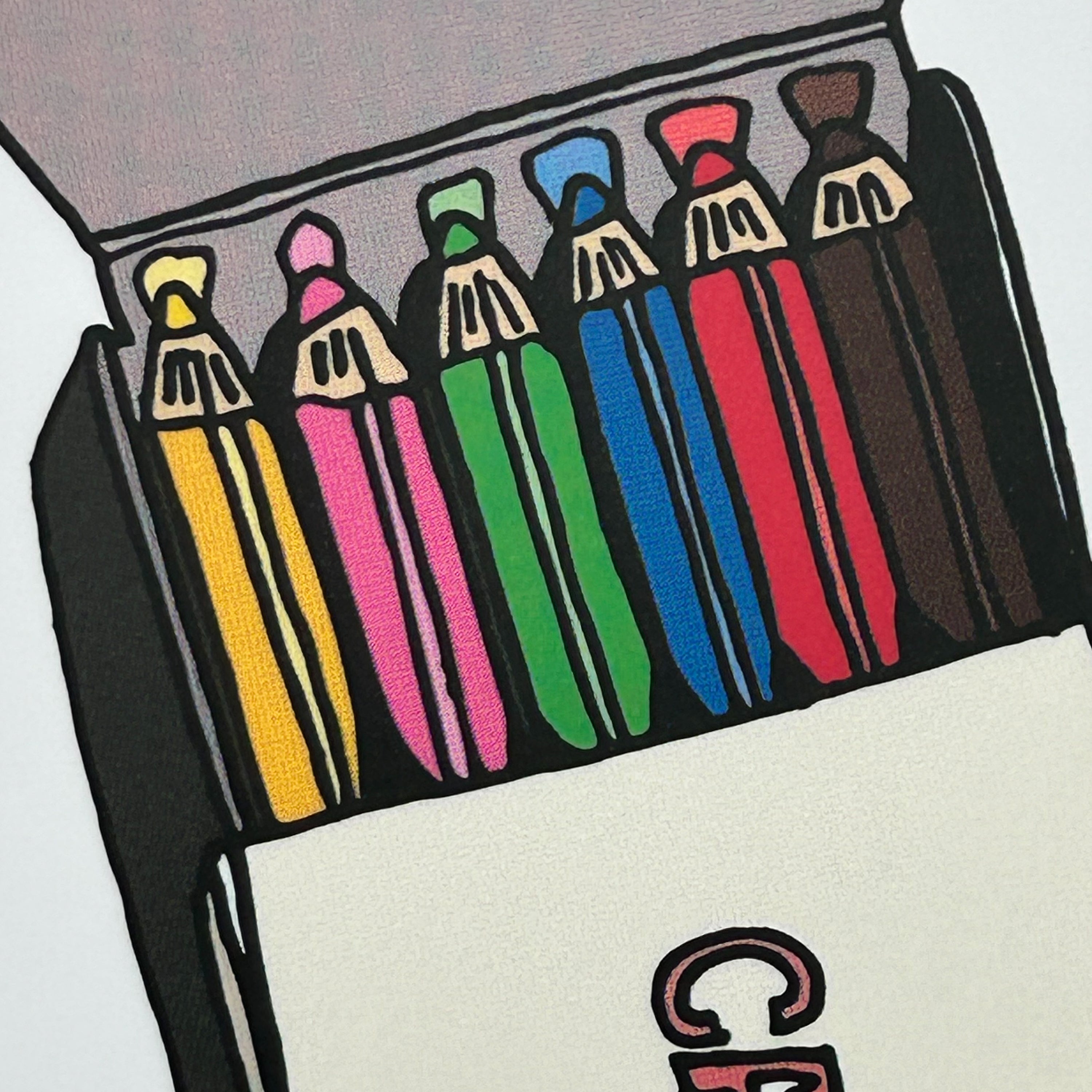 Close up detail of a colour illustration of an opened box of colouring pencils. 