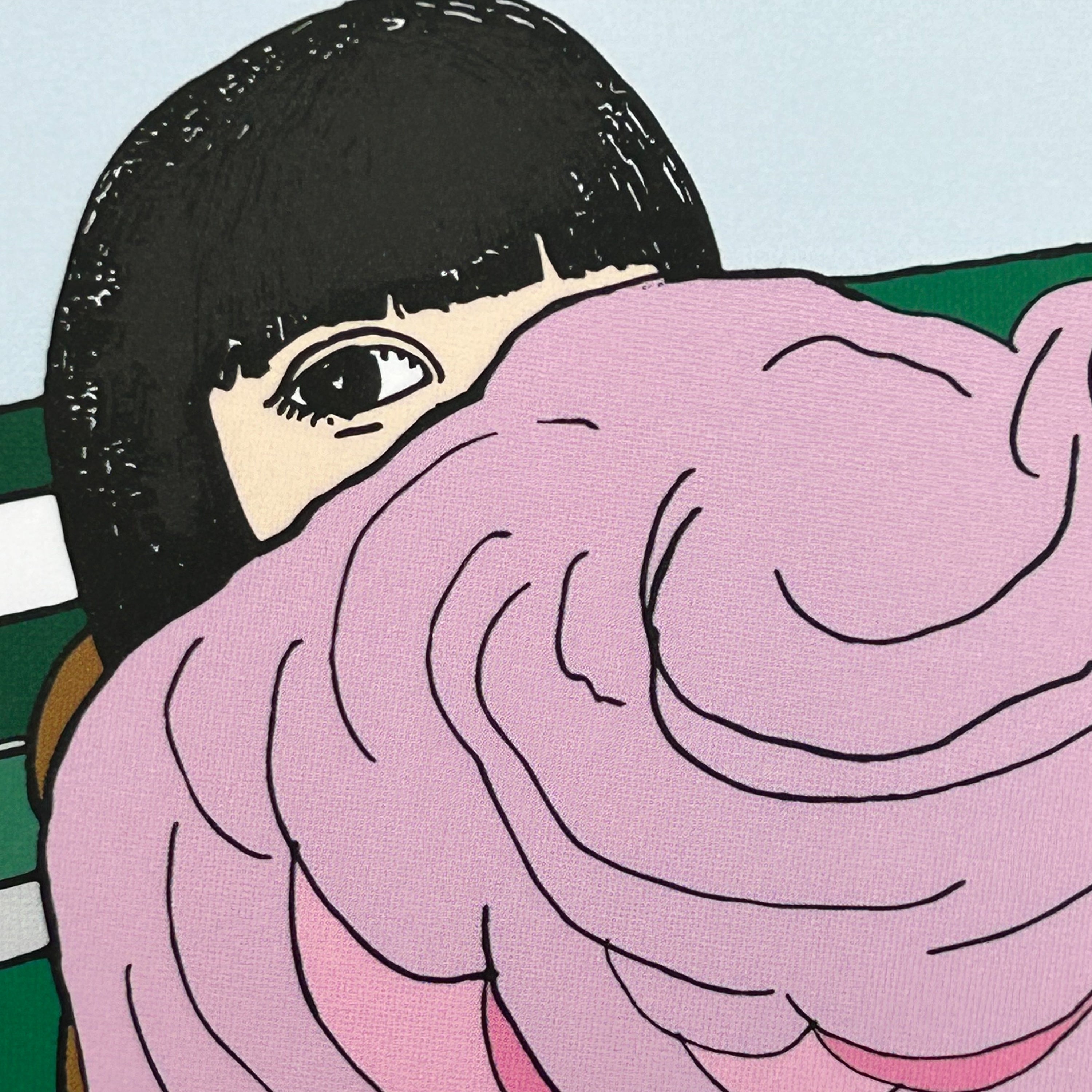 Close up detail of a colour illustration of a girl sitting on a bench holding a large candy floss covering half her face.
