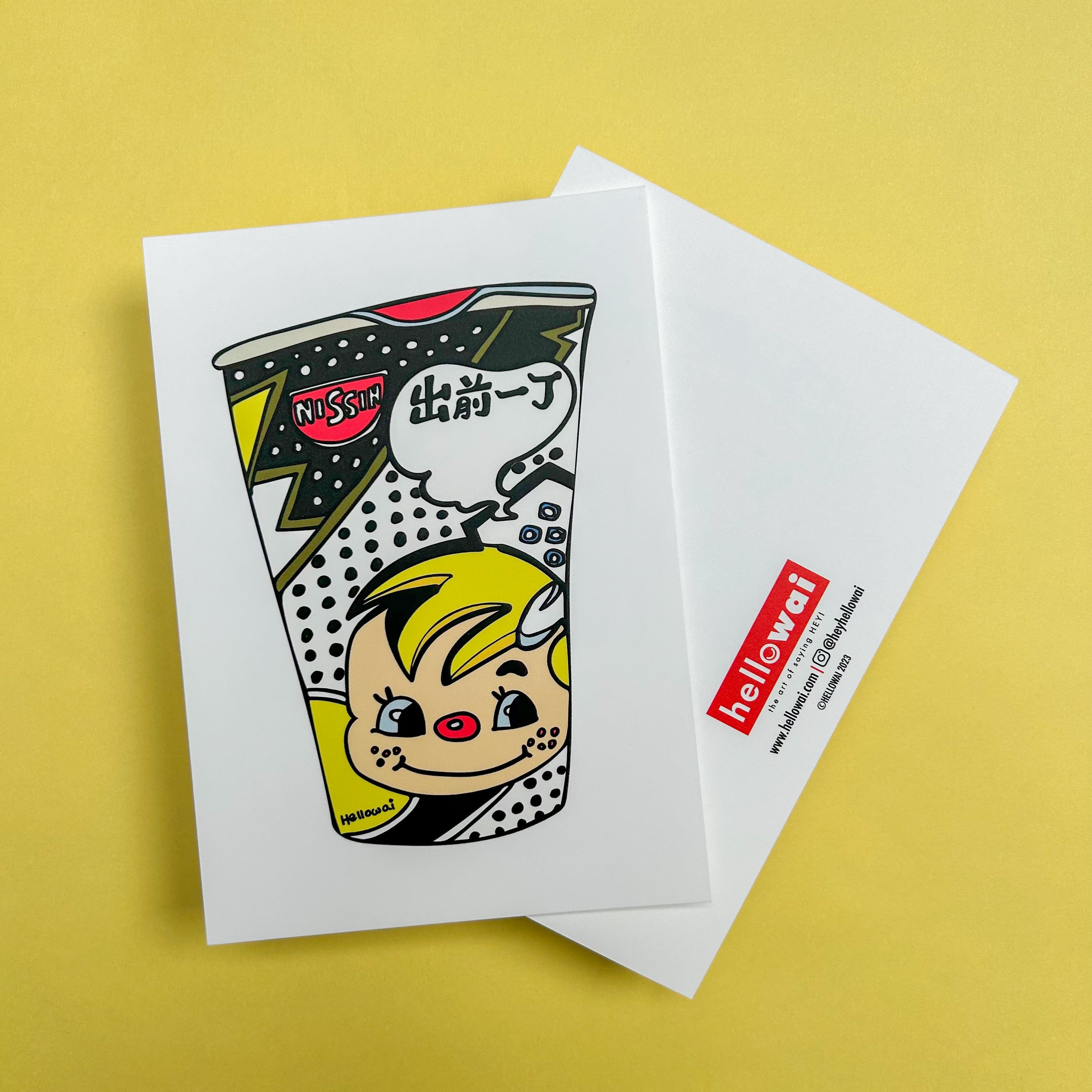 Front and back view of an A6 Hello Wai flat notecard. Front has colour illustration of a Nissin Cup Noodle. Back has the Hello Wai logo.