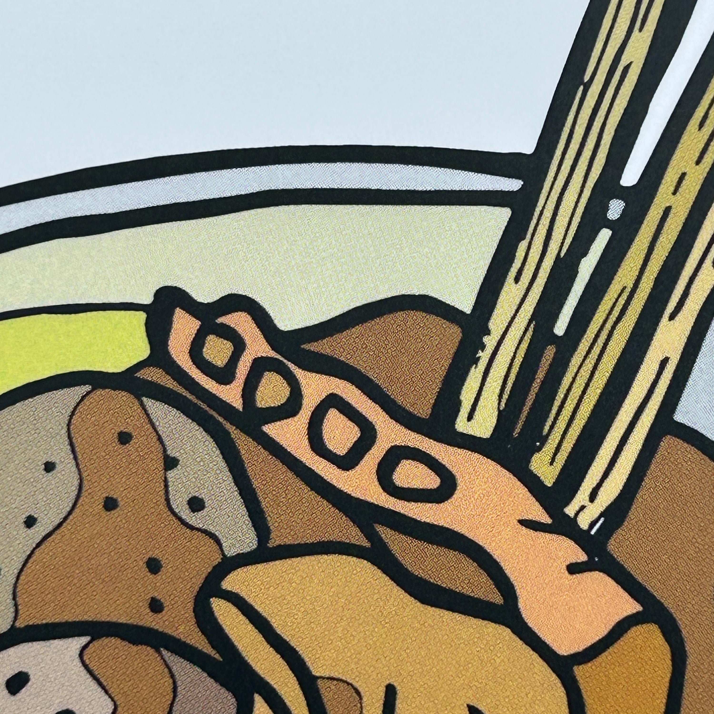 Close up detail of a colour illustration of a cup of curry fish ball and chopsticks.