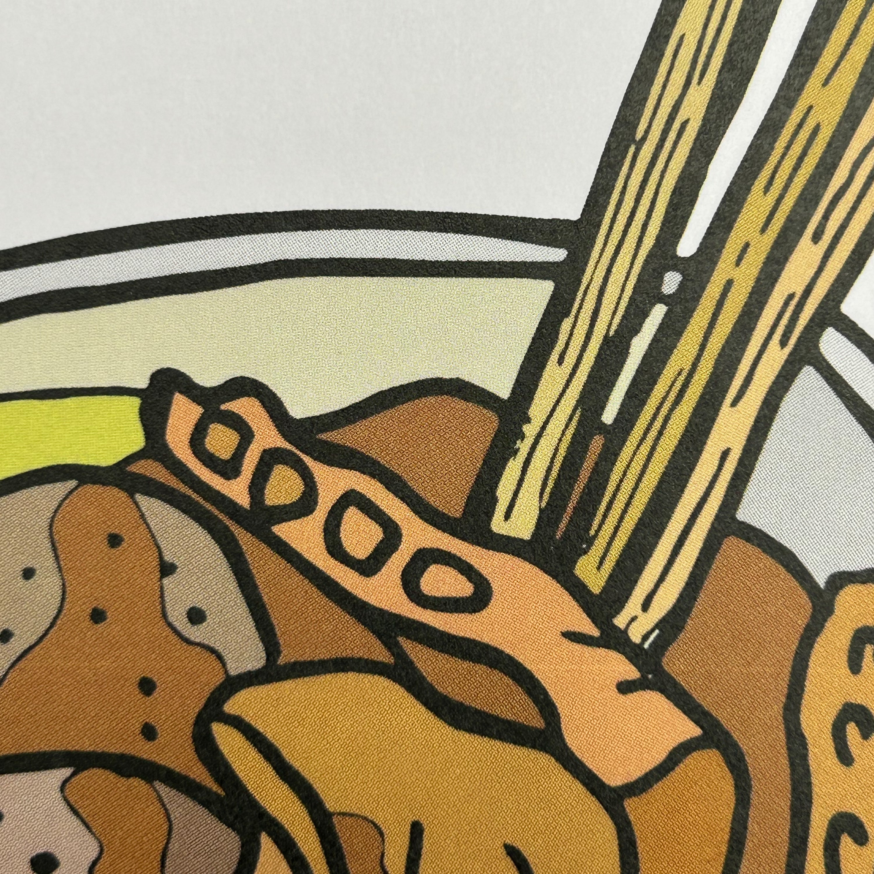 Close up detail of a colour illustration of a hand holding a cup of curry fish ball and chopsticks.