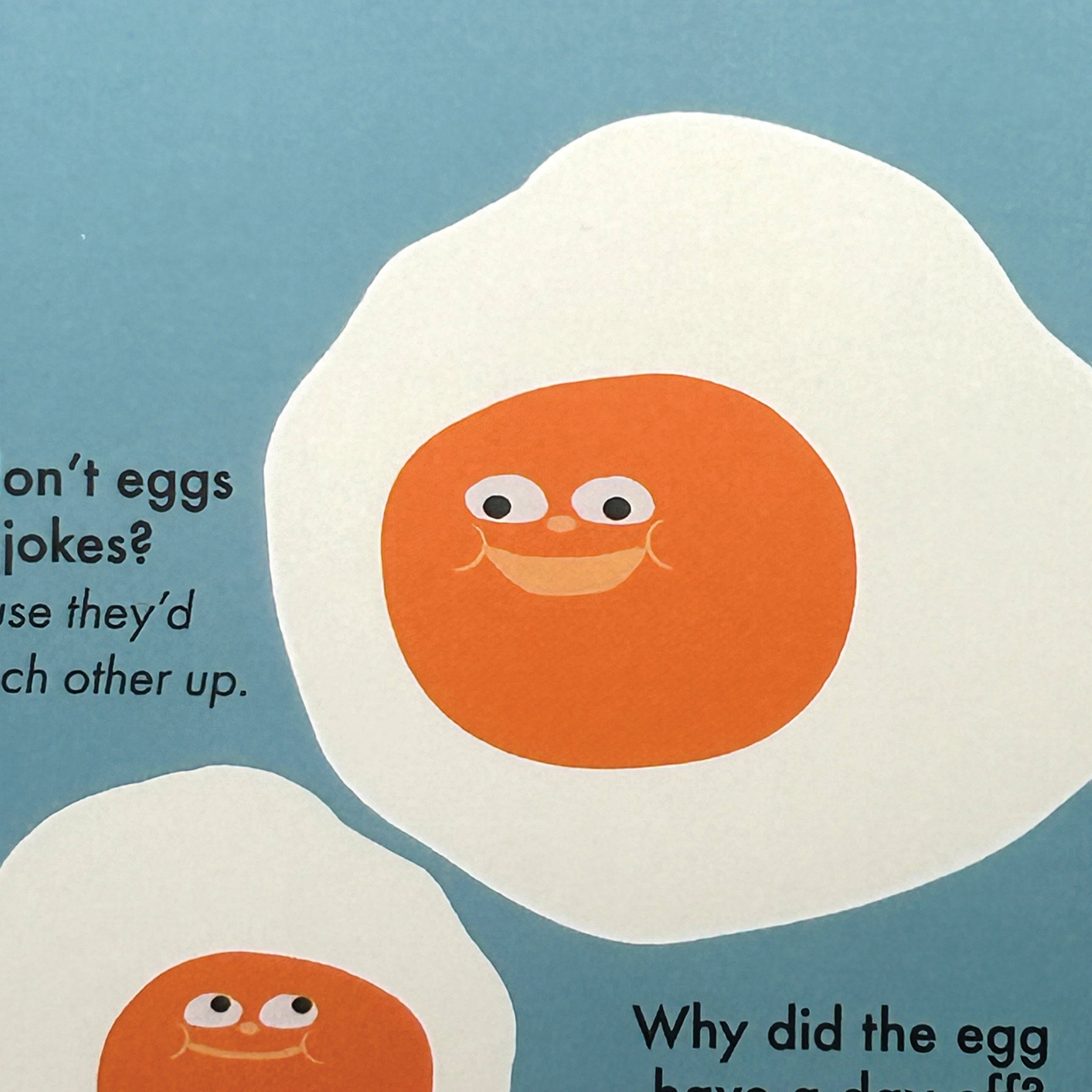 Cartoon eggs with faces on a blue background, part of a humorous joke text.