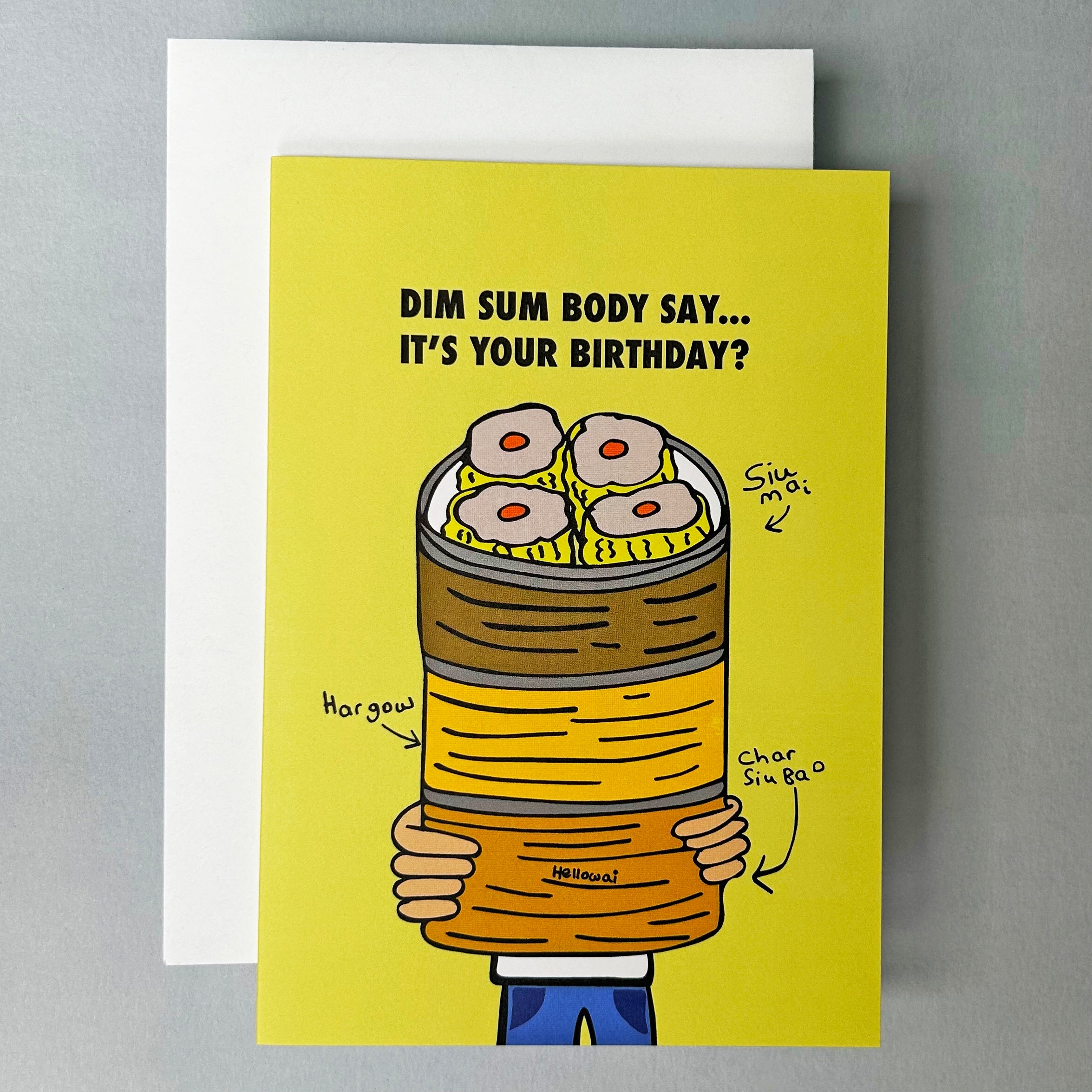 Greeting card with cartoon dim sum characters asking if it's your birthday on a yellow background.