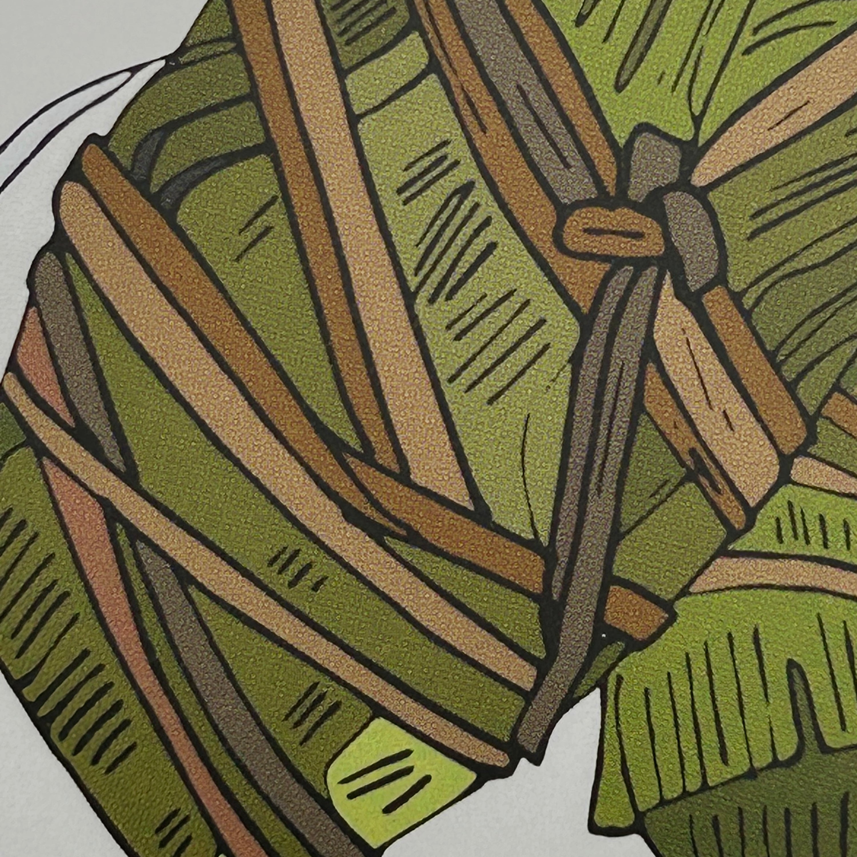 Close up detail of a colour illustration of two glutinous rice parcels wrapped in bamboo leaves on a plate and some handwritten text describing a Dragon Boat Festival food tradition.