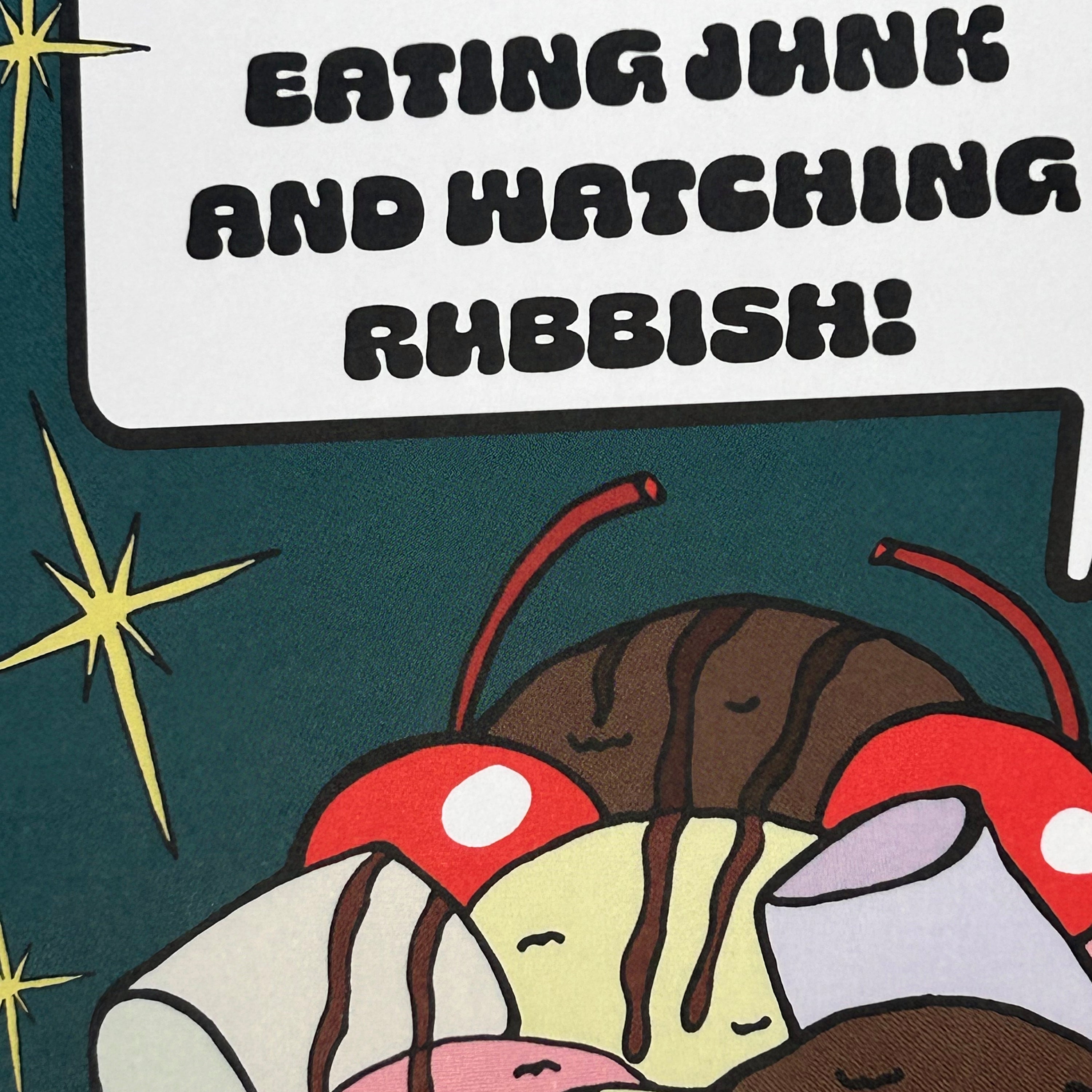 Cartoon ice cream sundae with text about junk food and TV shows on a dark green background.