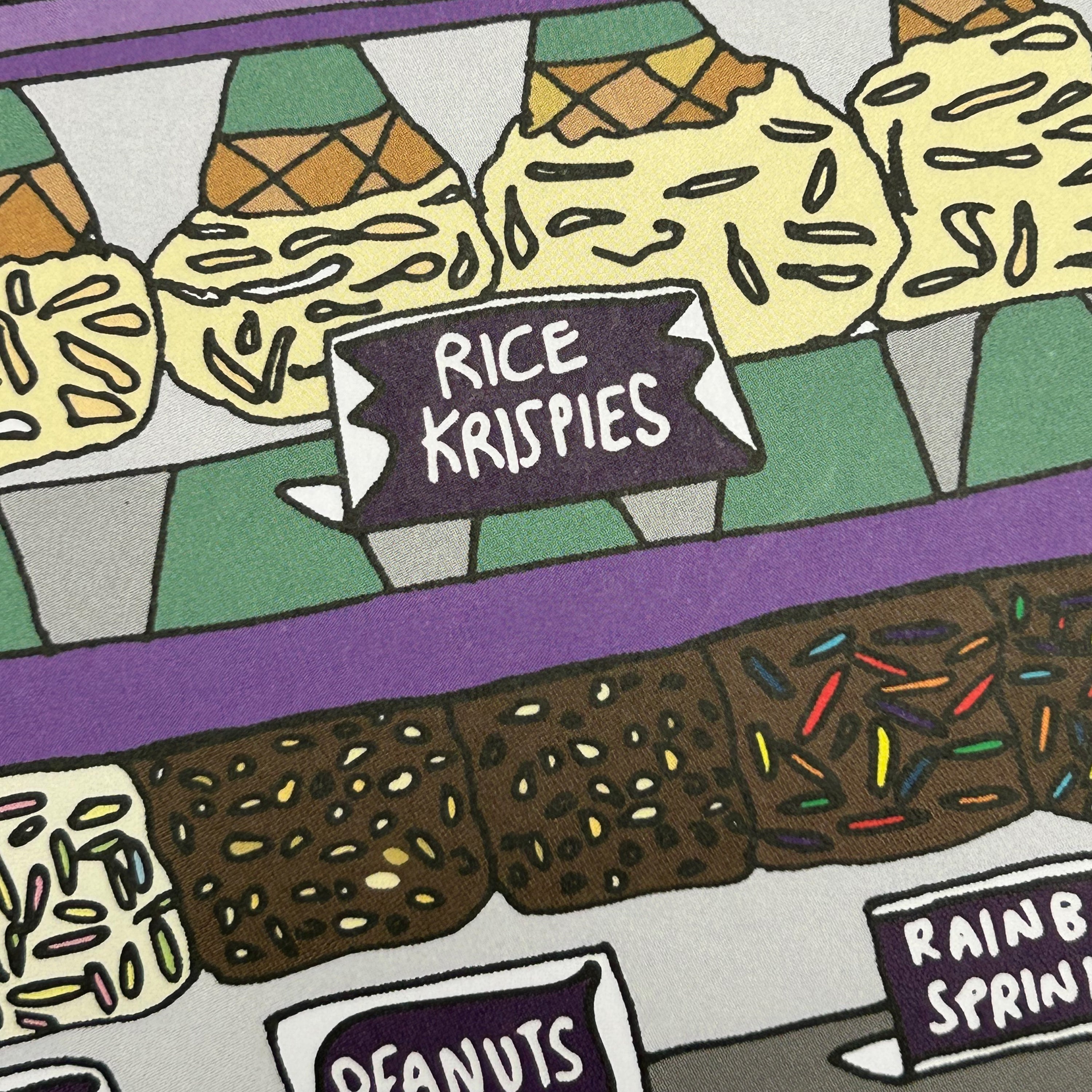 Close up detail of a colour illustration of an assortment of dipped waffle ice cream cones displayed upside down behind a glass counter.