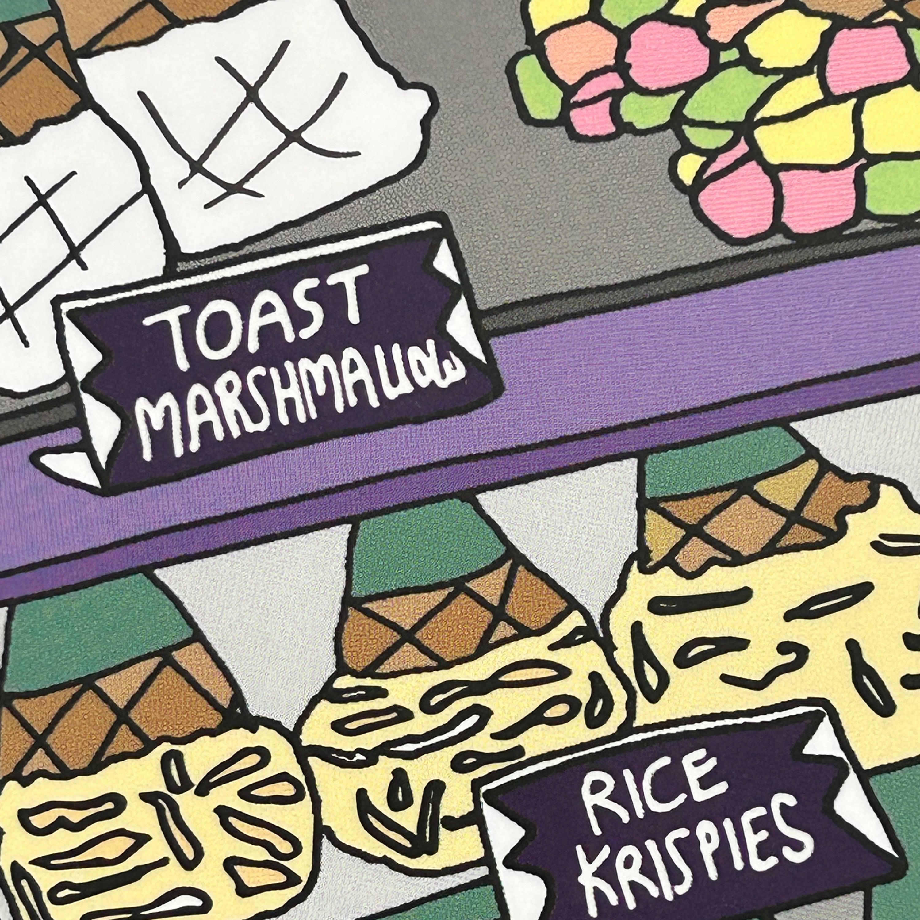 Close up detail of a colour illustration of an assortment of dipped waffle ice cream cones displayed upside down behind a glass counter.