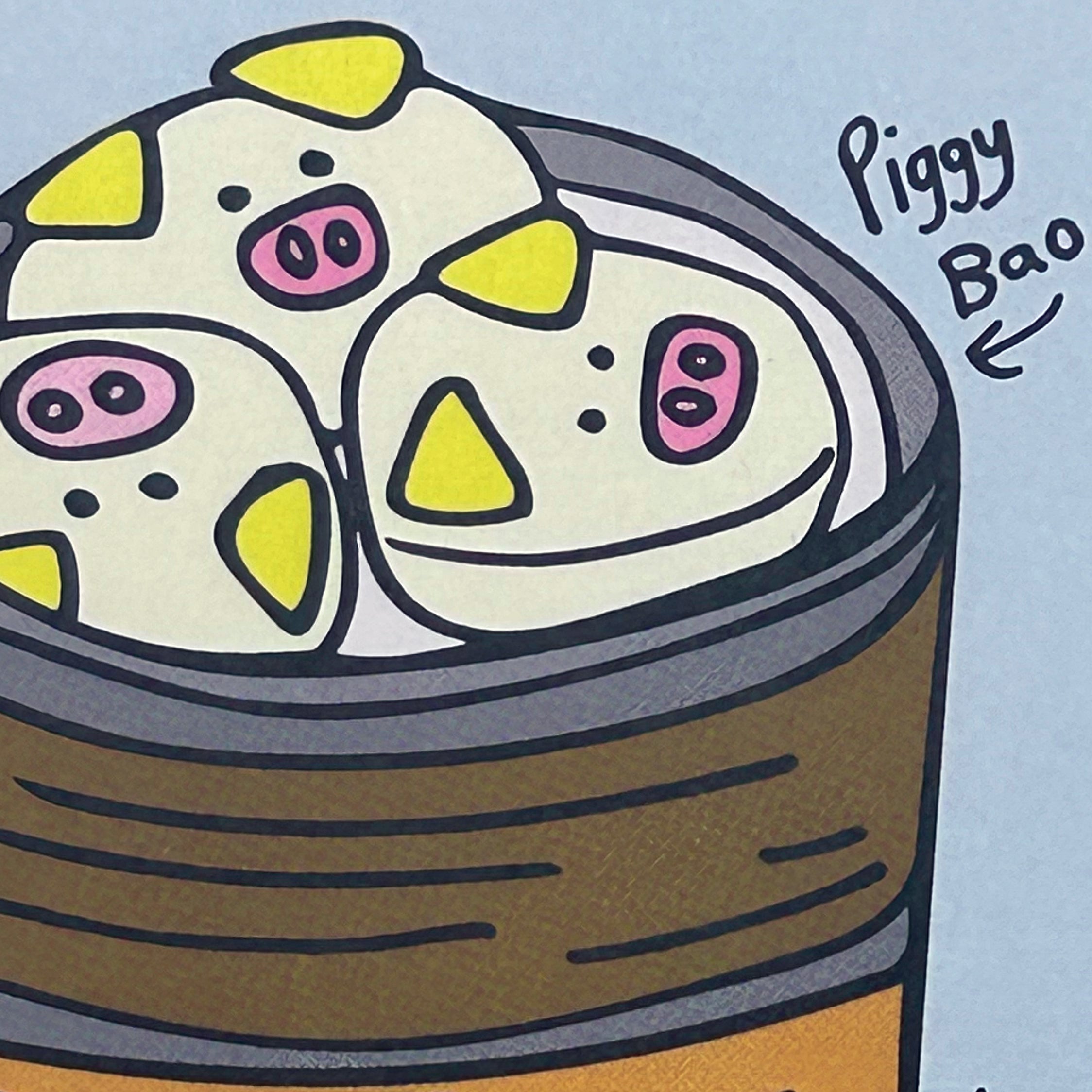 Cartoon illustration of bao in a steamer with 'Piggy Bao' text.