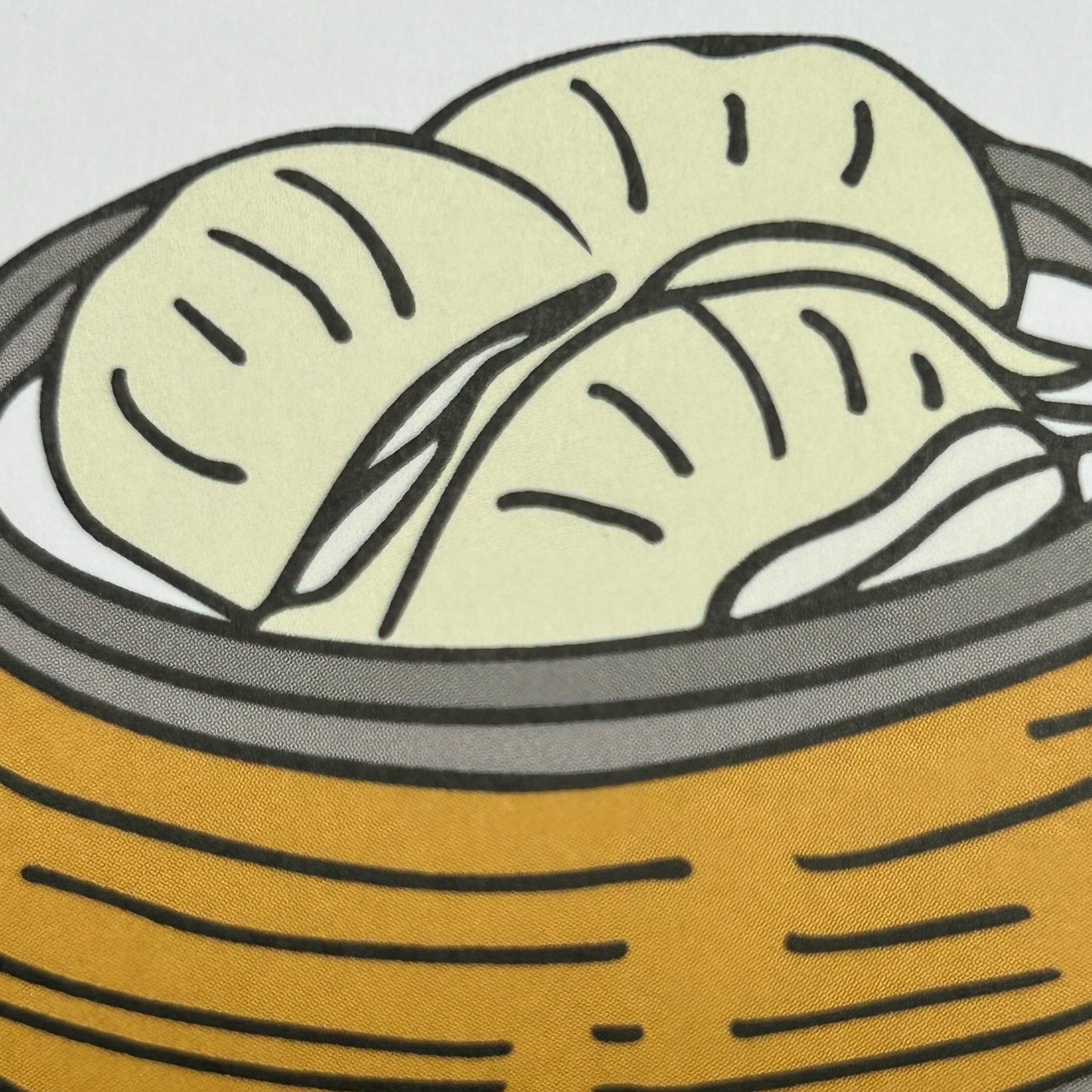 Close up detail of a colour illustration of a pair of hands carrying three bamboo baskets stacked with dim sum, the top basket has har gow.