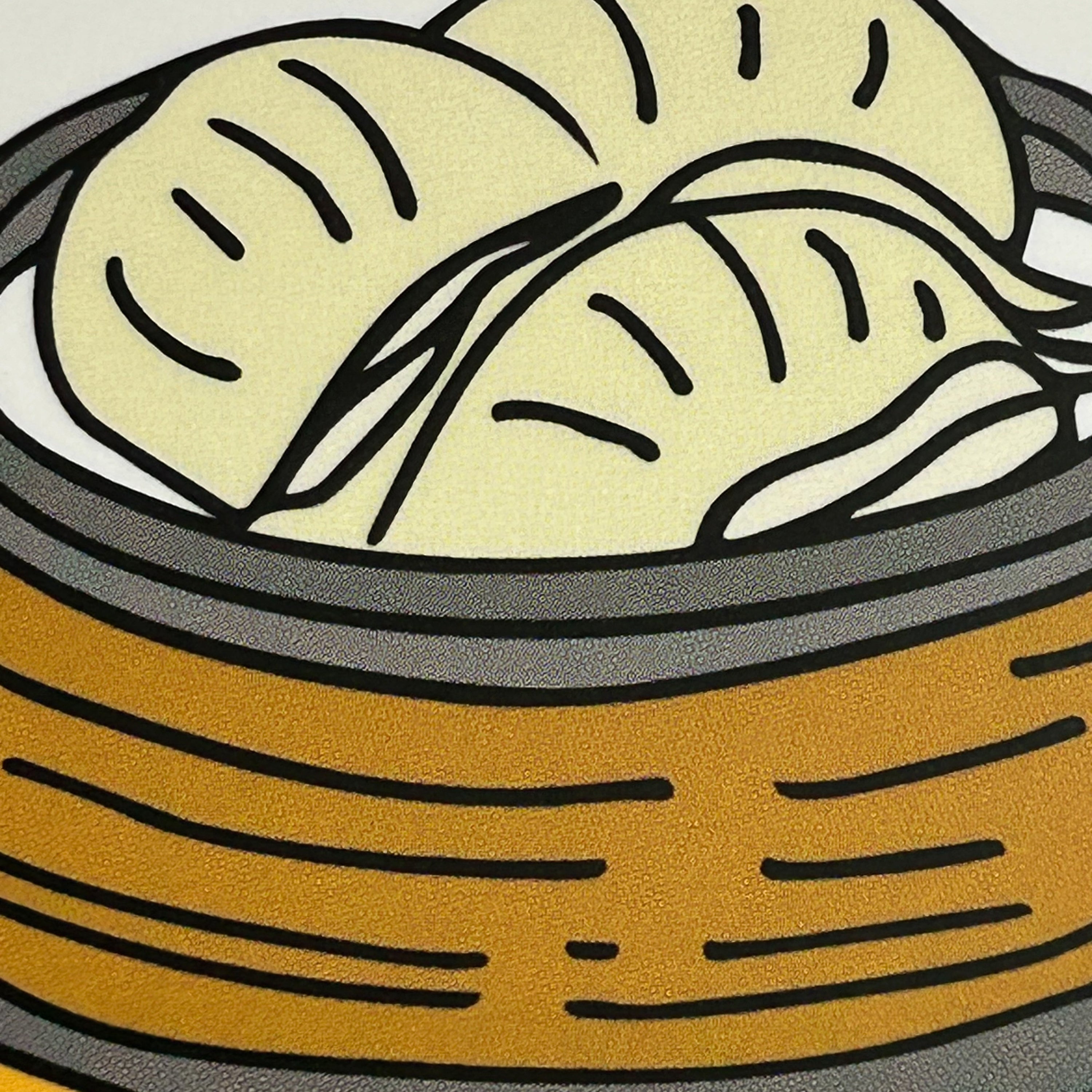 Close up detail of a colour illustration of pair of hands carrying three bamboo baskets stacked with dim sum, the top basket has har gow. 