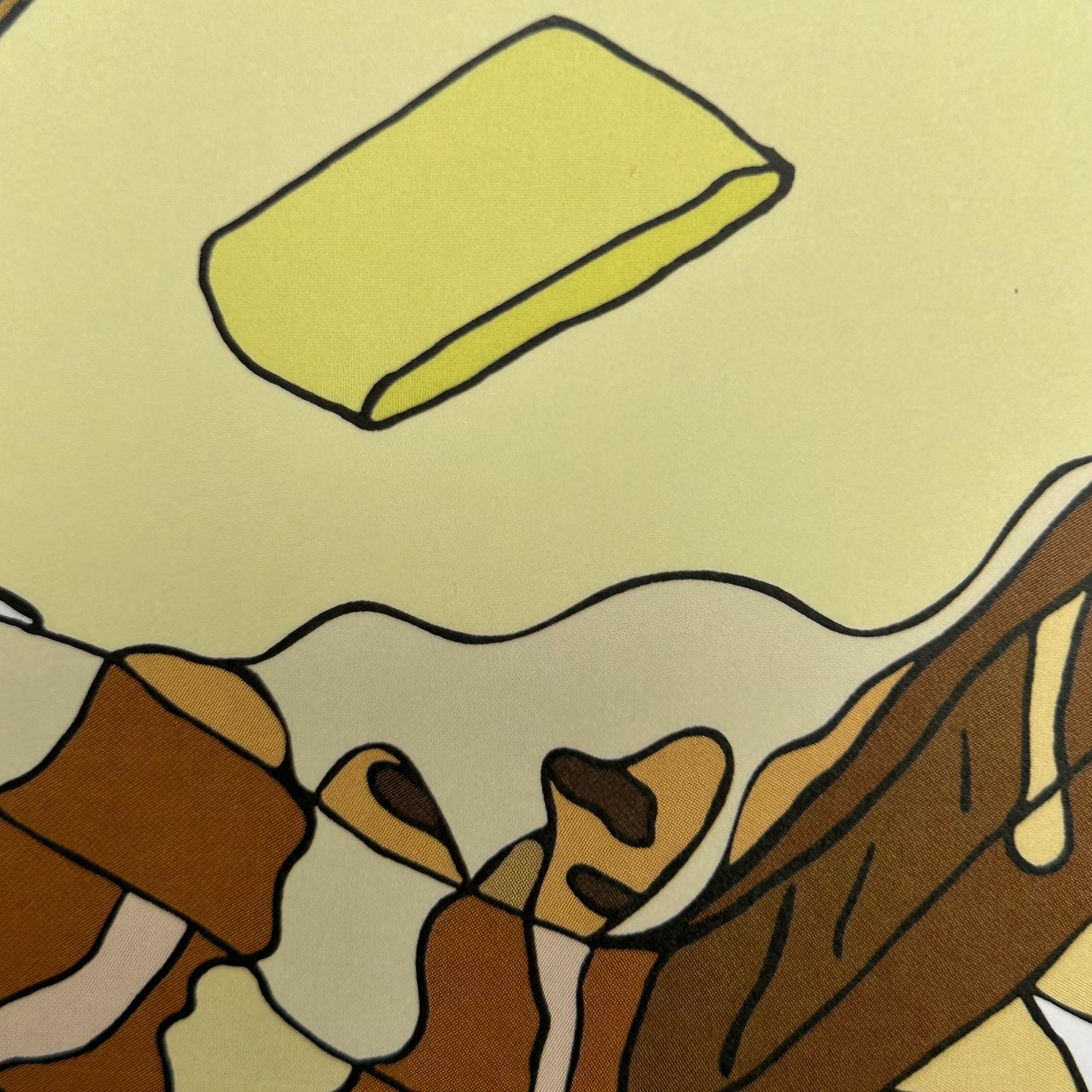 Close up detail of a colour illustration of two bowls of a Hong Kong Style French Toast drizzled with condensed milk and syrup and a pat of butter on top.