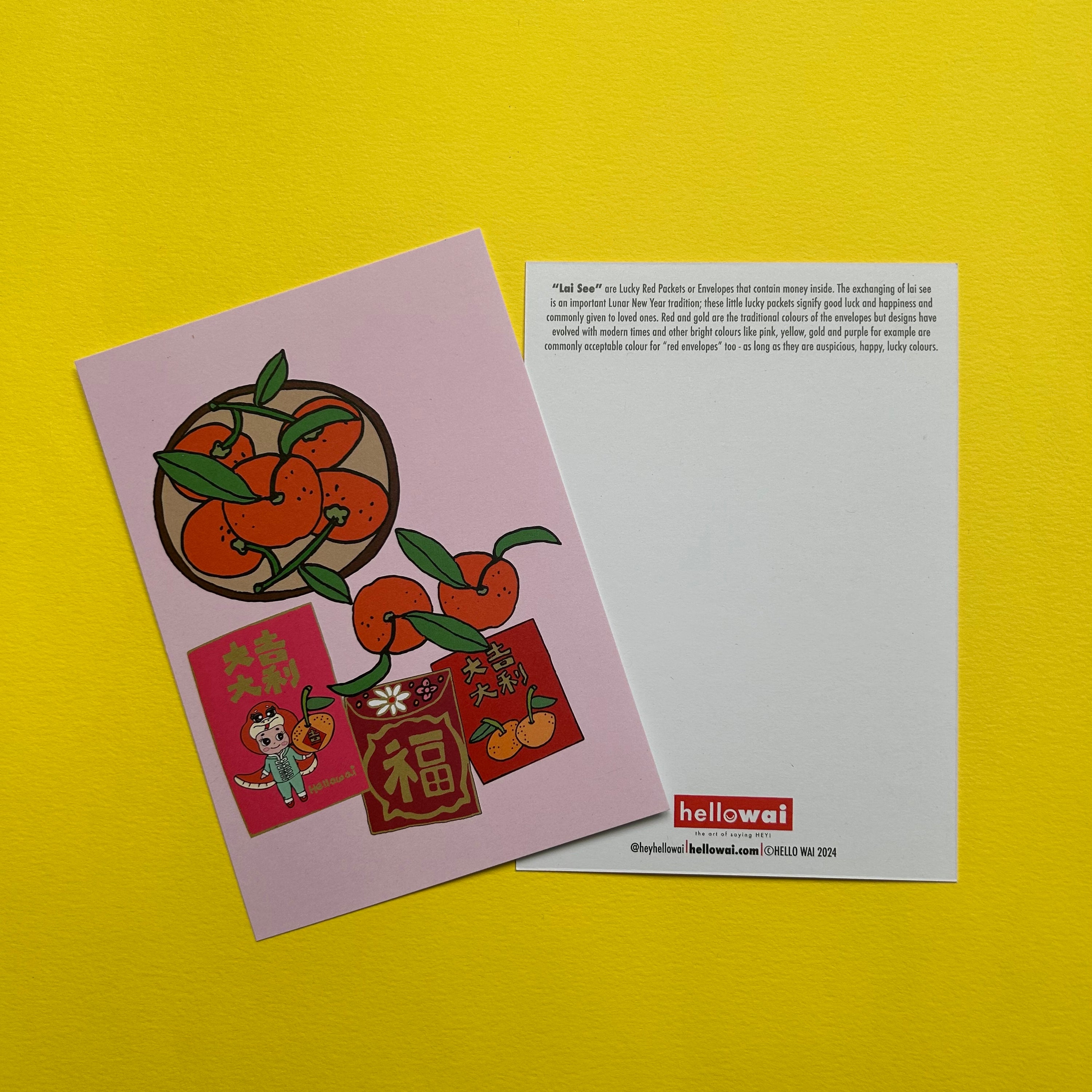 Colour illustration of tangerines and  Chinese Lucky Red Packets, printed on a light coloured card next to another card with text and Hello Wai logo at bottom. 