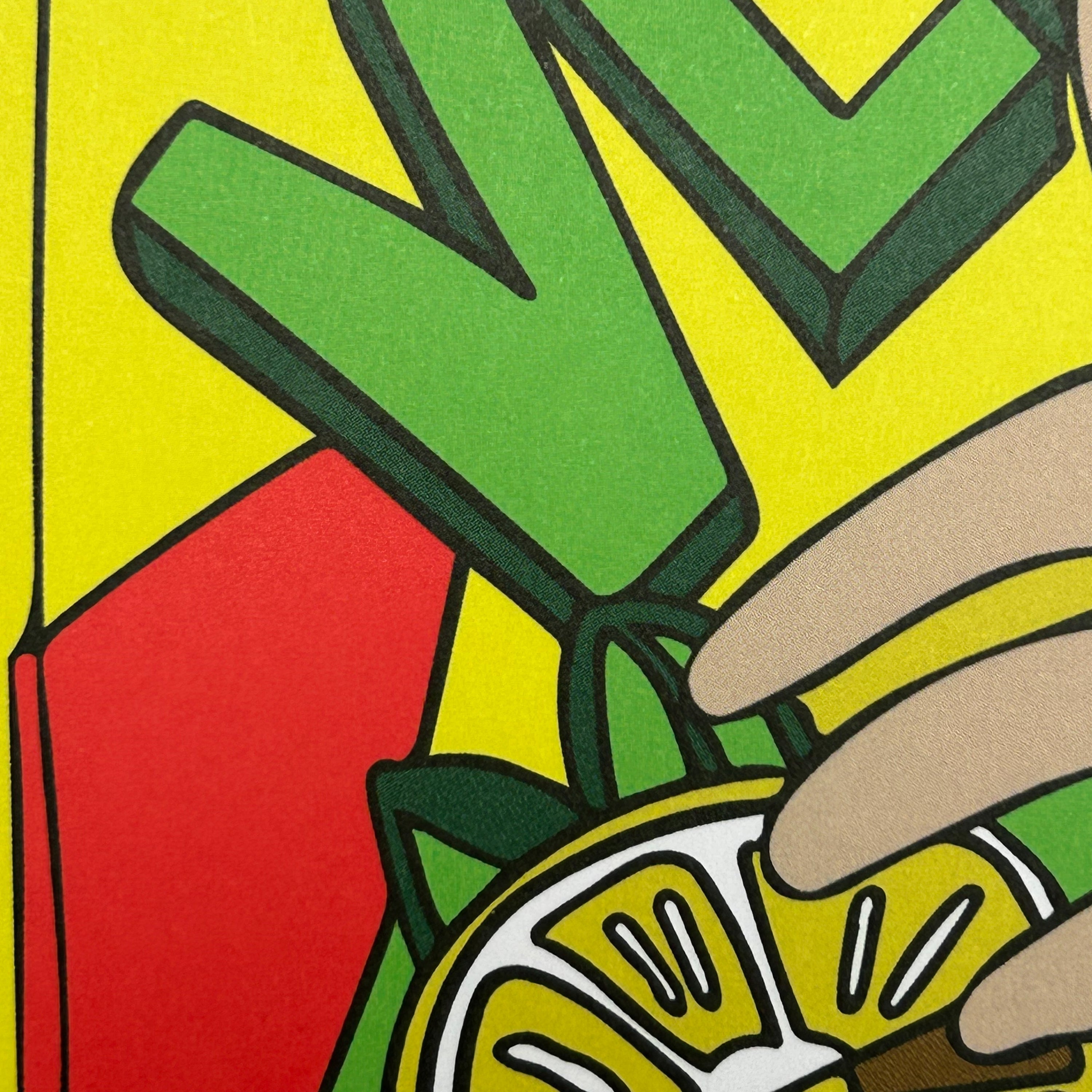 Close up detail of a colour illustration of a hand holding a carton of VLT Lemon Tea.