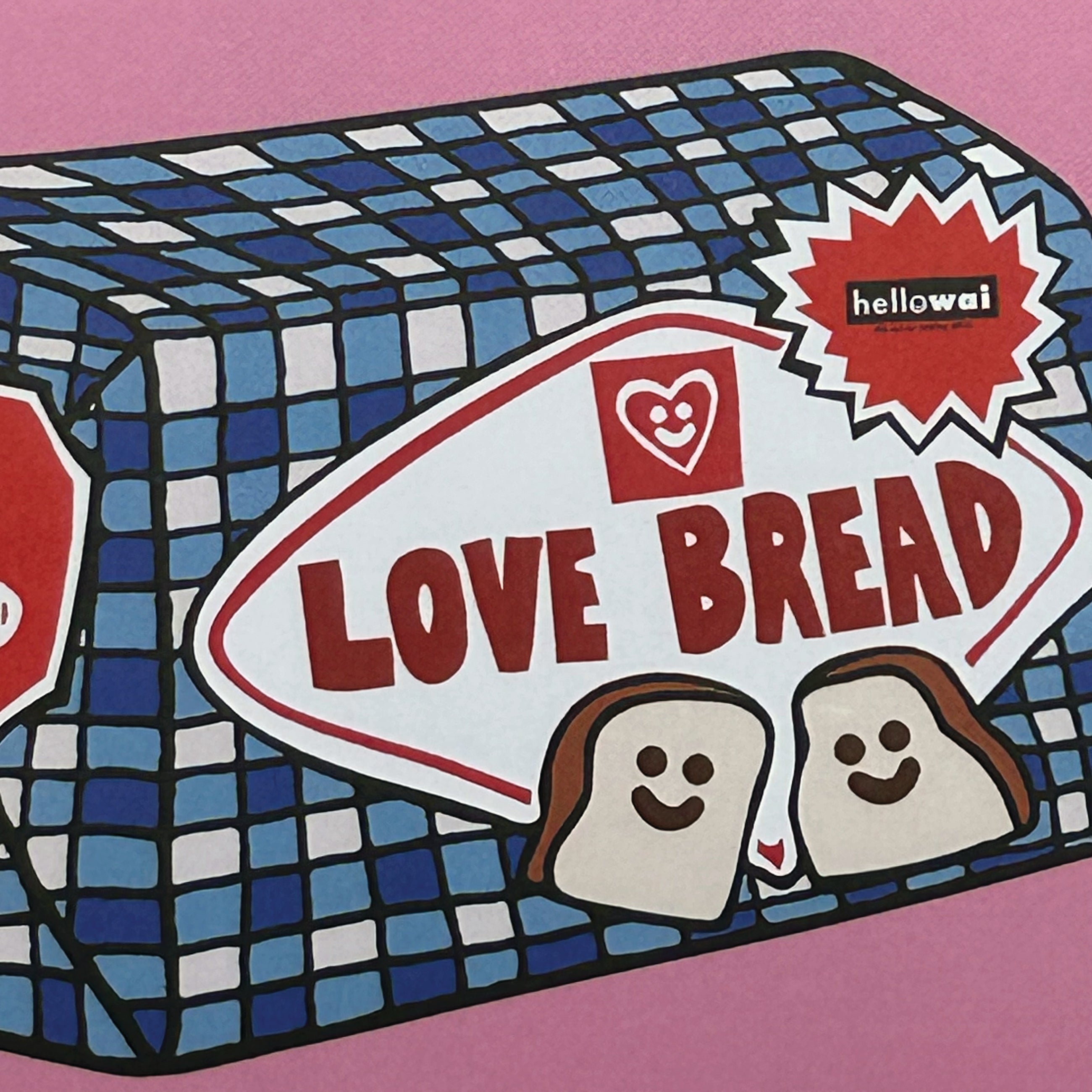 Cartoon drawing of Love Bread with a colorful checkered pattern on a purple background.