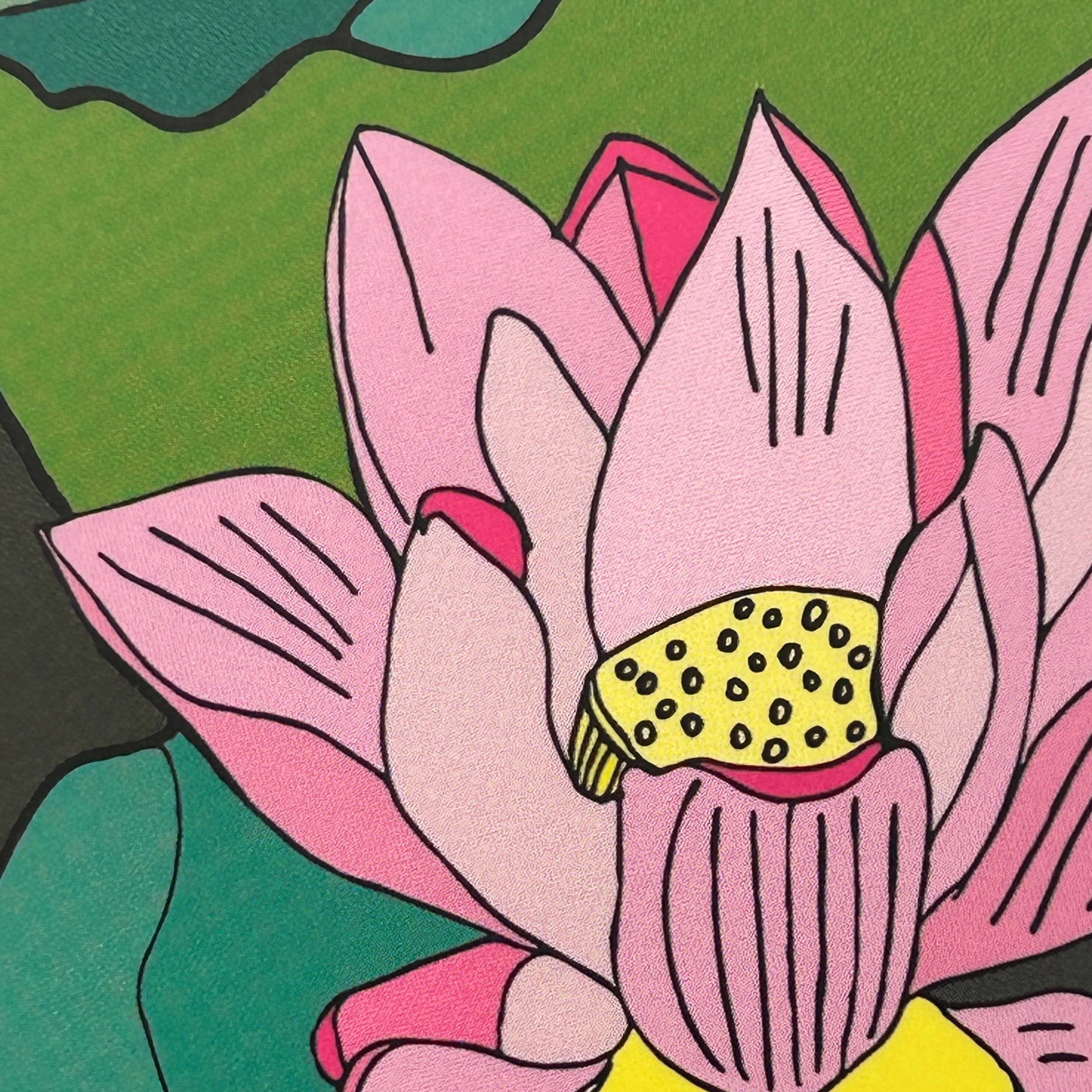 Close up detail of a colour illustration of a single lotus flower surrounded by lotus leaves in a lotus pond.