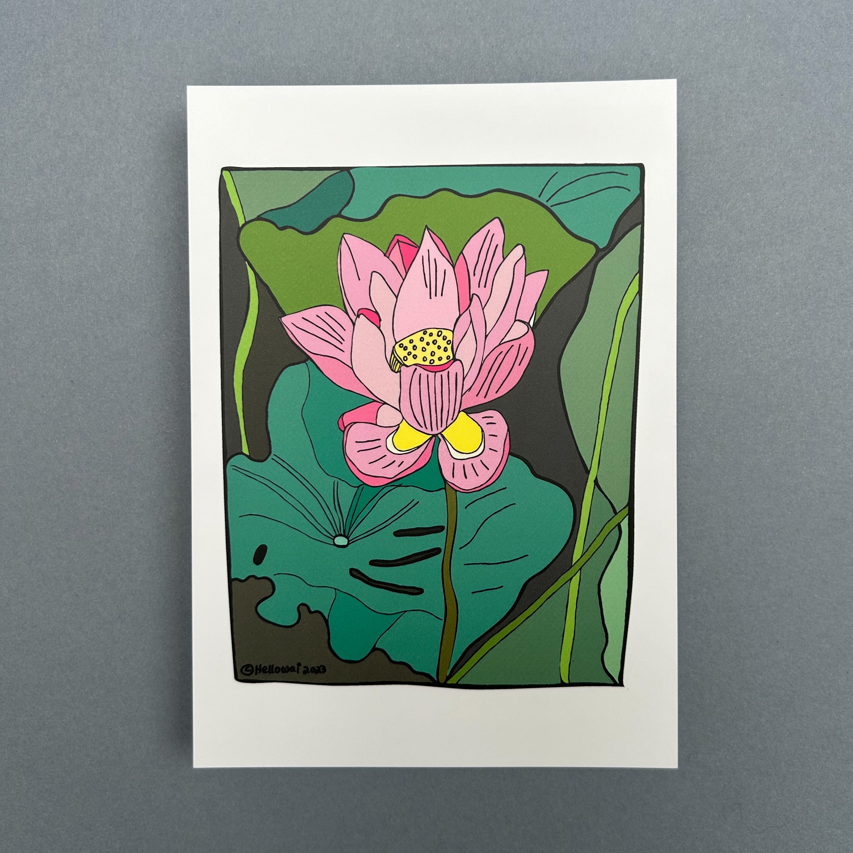 An A6 Hello Wai flat notecard with a colour illustration of a single lotus flower surrounded by lotus leaves in a lotus pond, printed on white card. 