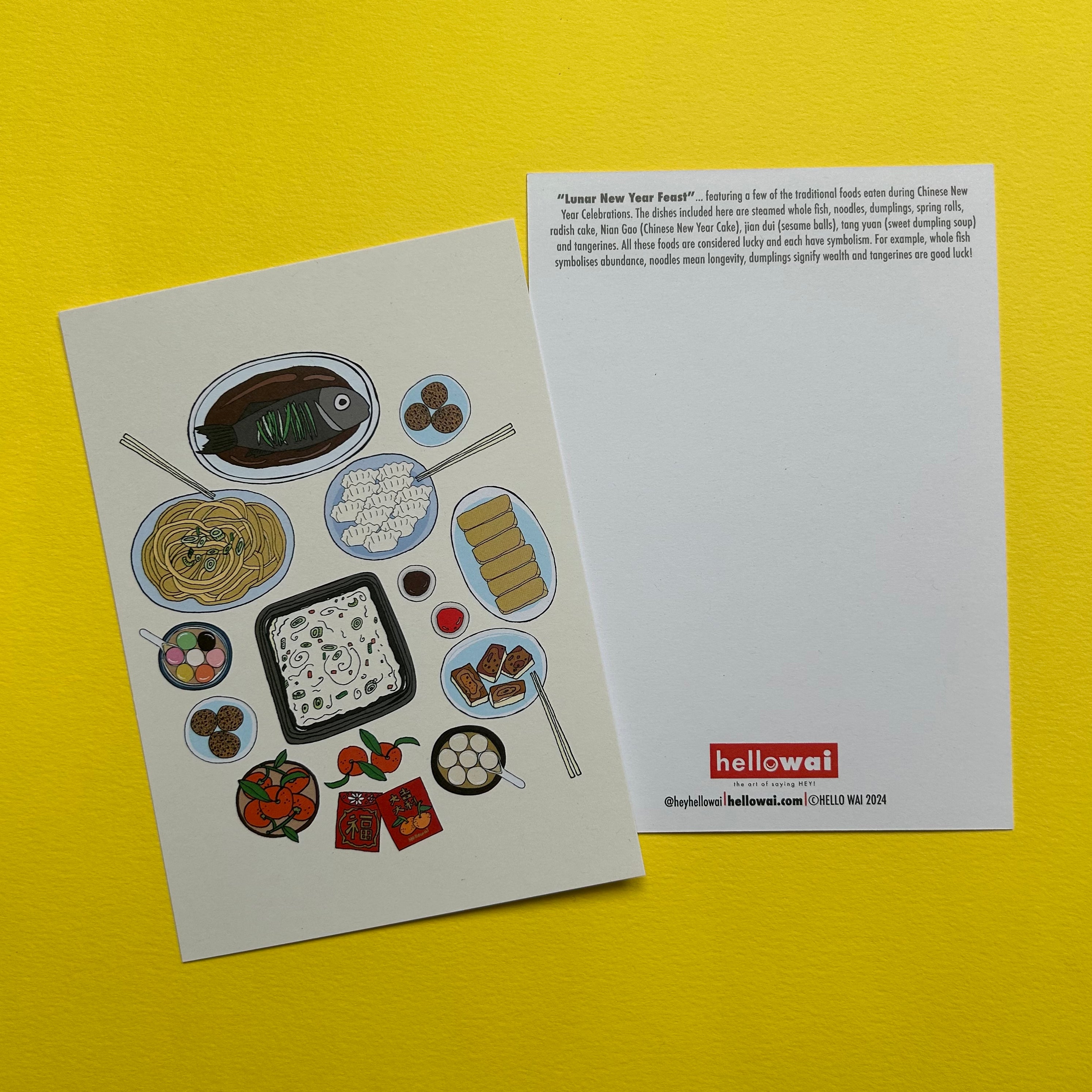 Colour illustration of a selection of different sweet and savoury Chinese dishes including a whole fish, dumplings and spring rolls and tangerines. There are chopsticks and also Chinese Lucky Red Packets, printed on a light coloured card.  Next to this is another card with text and Hello Wai logo at bottom. 