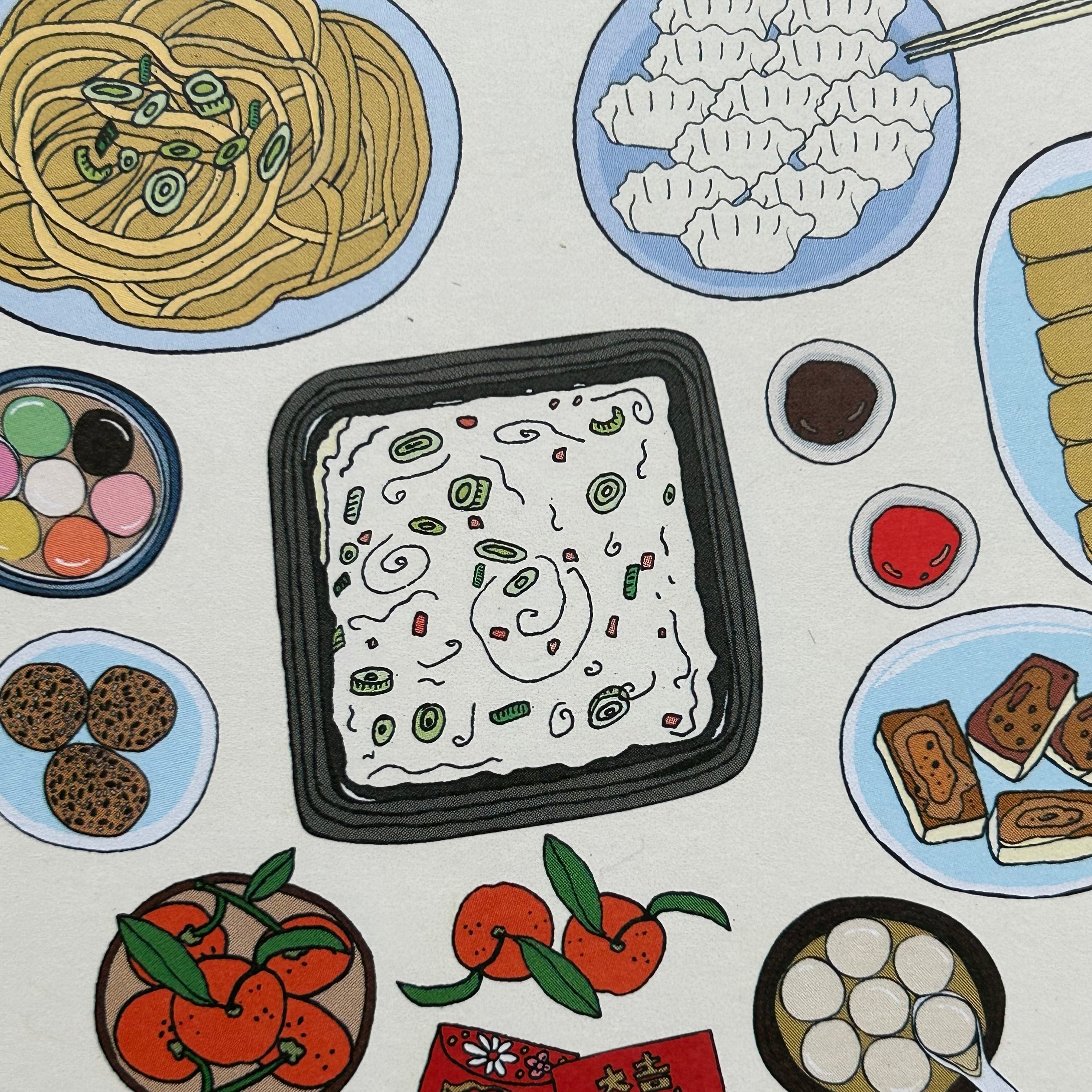 Close up detail of colour illustration of a selection of different sweet and savoury Chinese dishes including a whole fish, dumplings and spring rolls and tangerines. There are chopsticks and also Chinese Lucky Red Packets, printed on a light coloured card. 