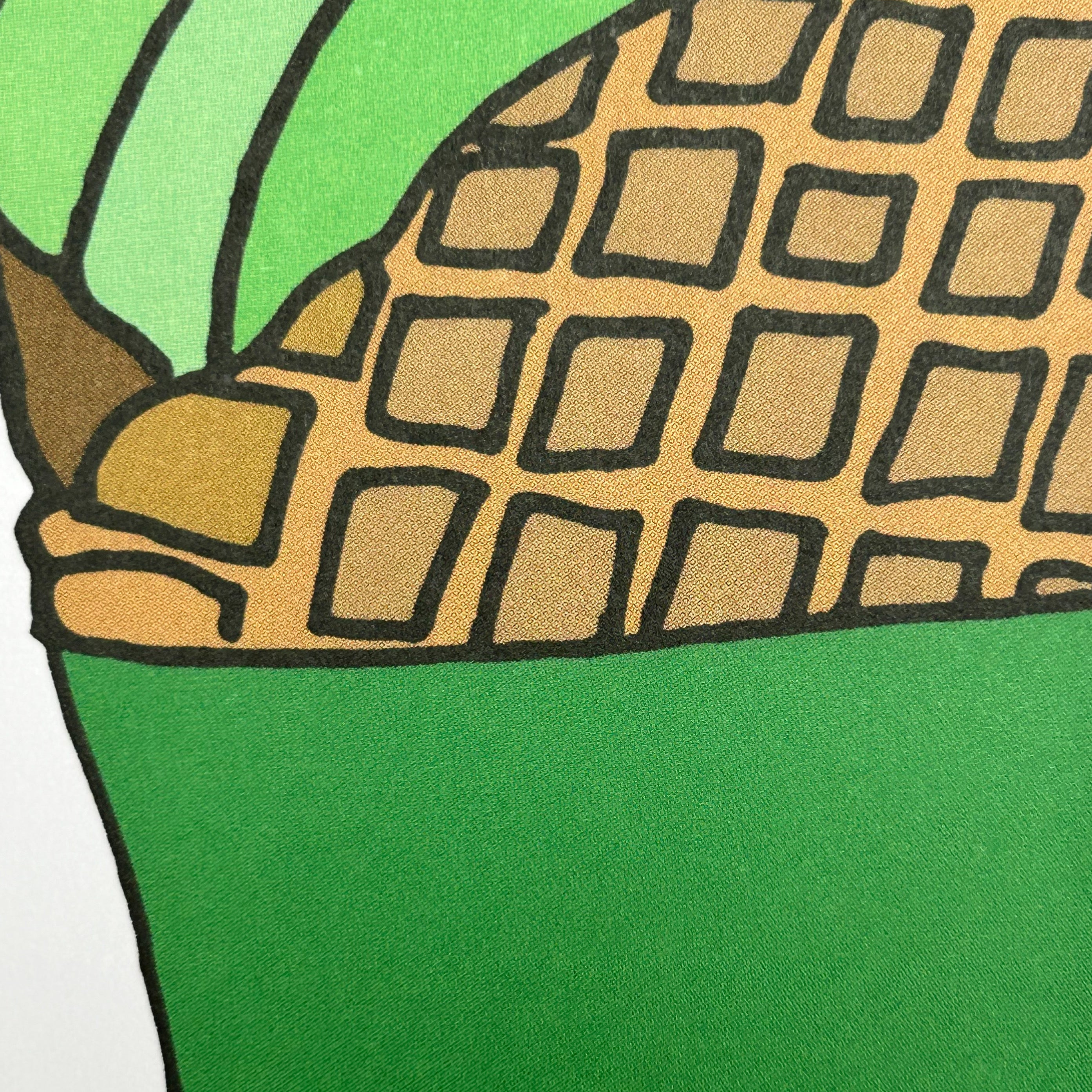 Close up detail of a colour illustration of a matcha flavoured soft serve ice cream in a waffle cone with a green cone wrapper.