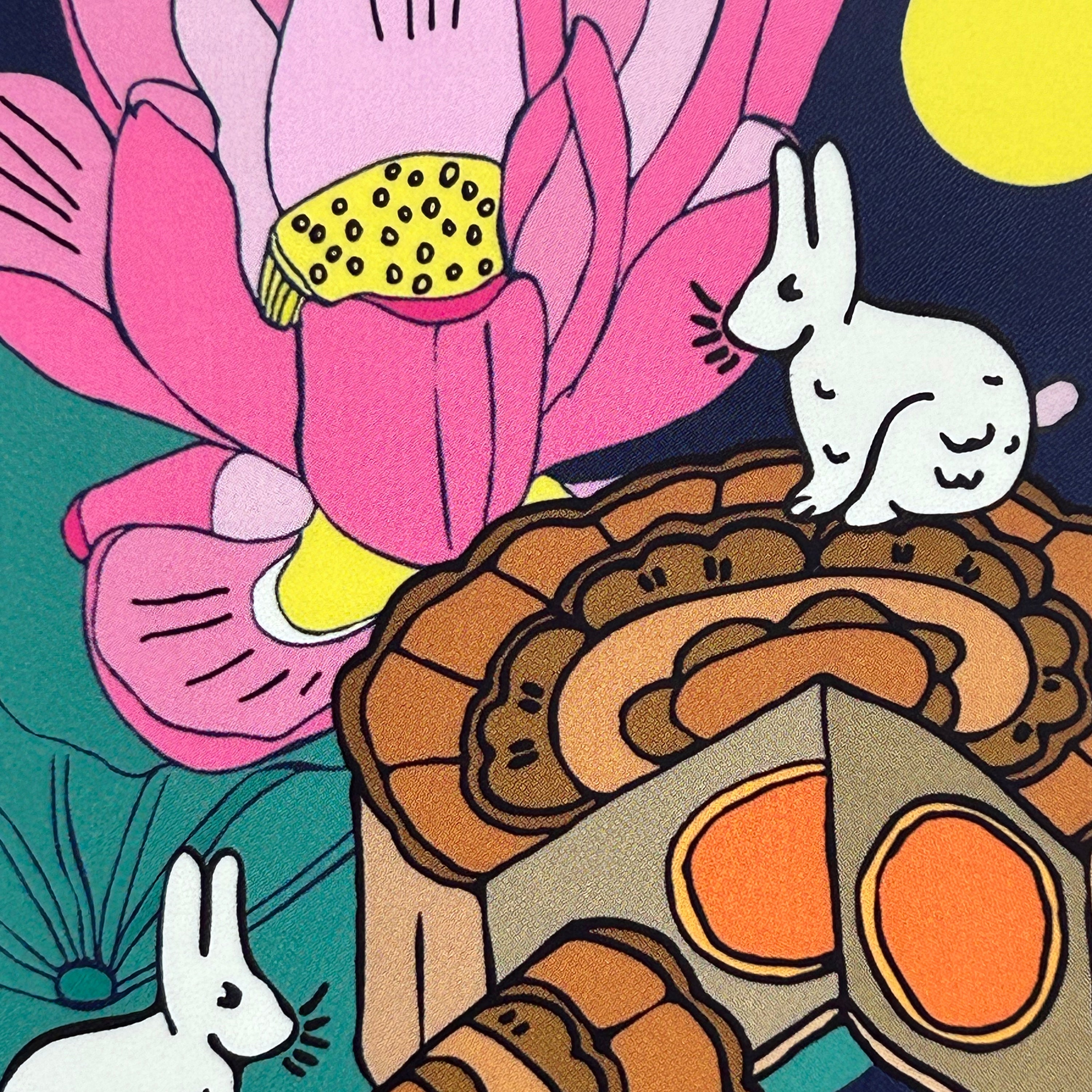 Illustration of a rabbit and mooncake with lotus flowers in the background