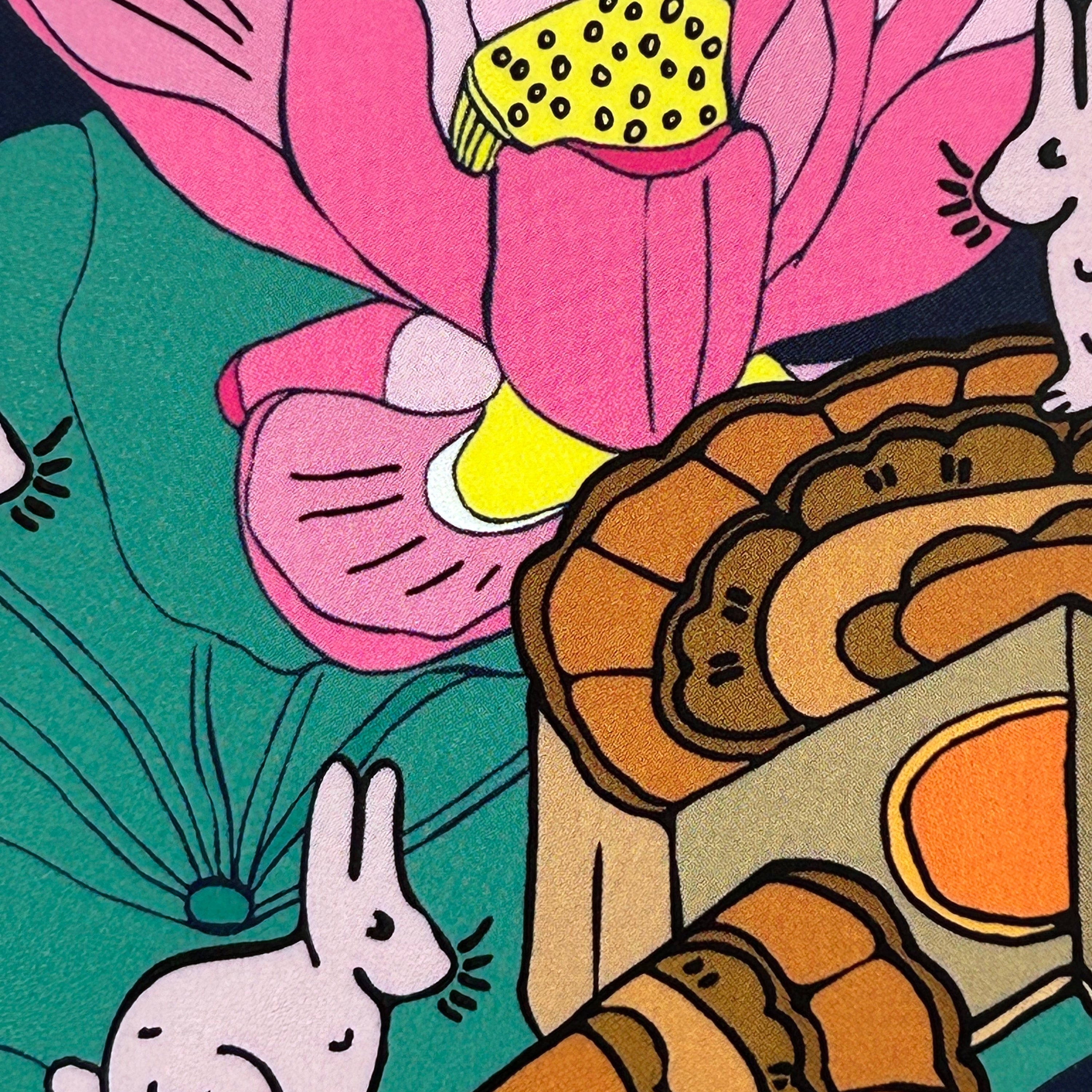 Colorful illustration with rabbits, flowers, and a mooncake.
