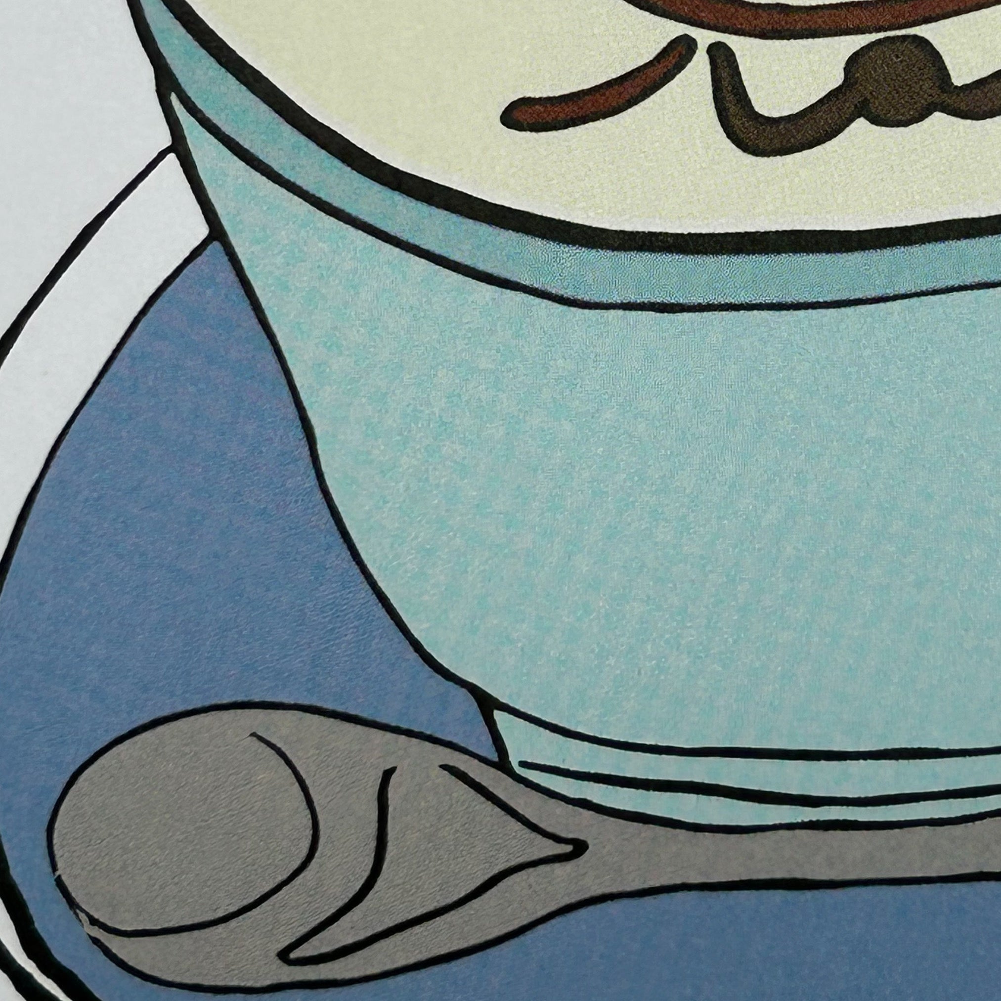 Close up detail of a colour illustration of a caffe latte with chocolate cartoon character stencilled on top served in a light blue cup on a saucer with a teaspoon.