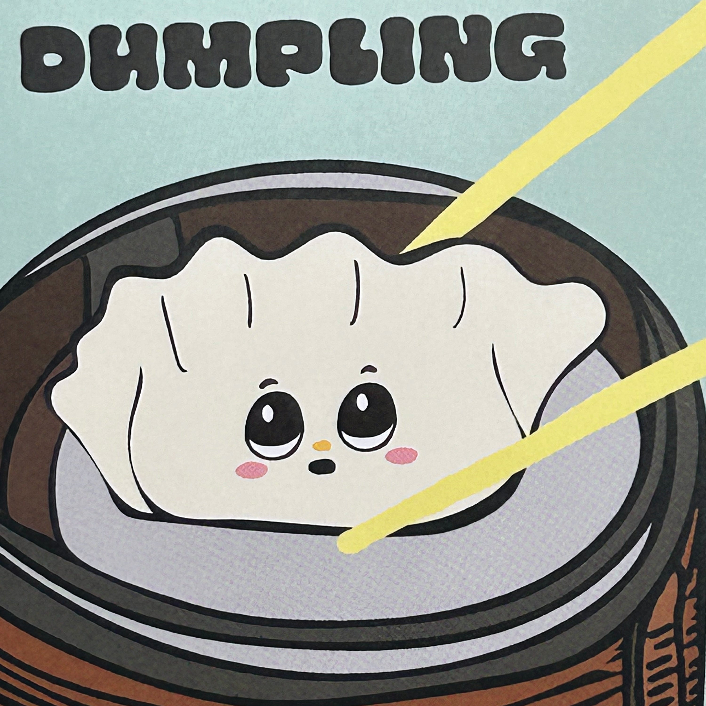 Cartoon dumpling with a happy expression in a steamer, with 'DUMPLING' text above.