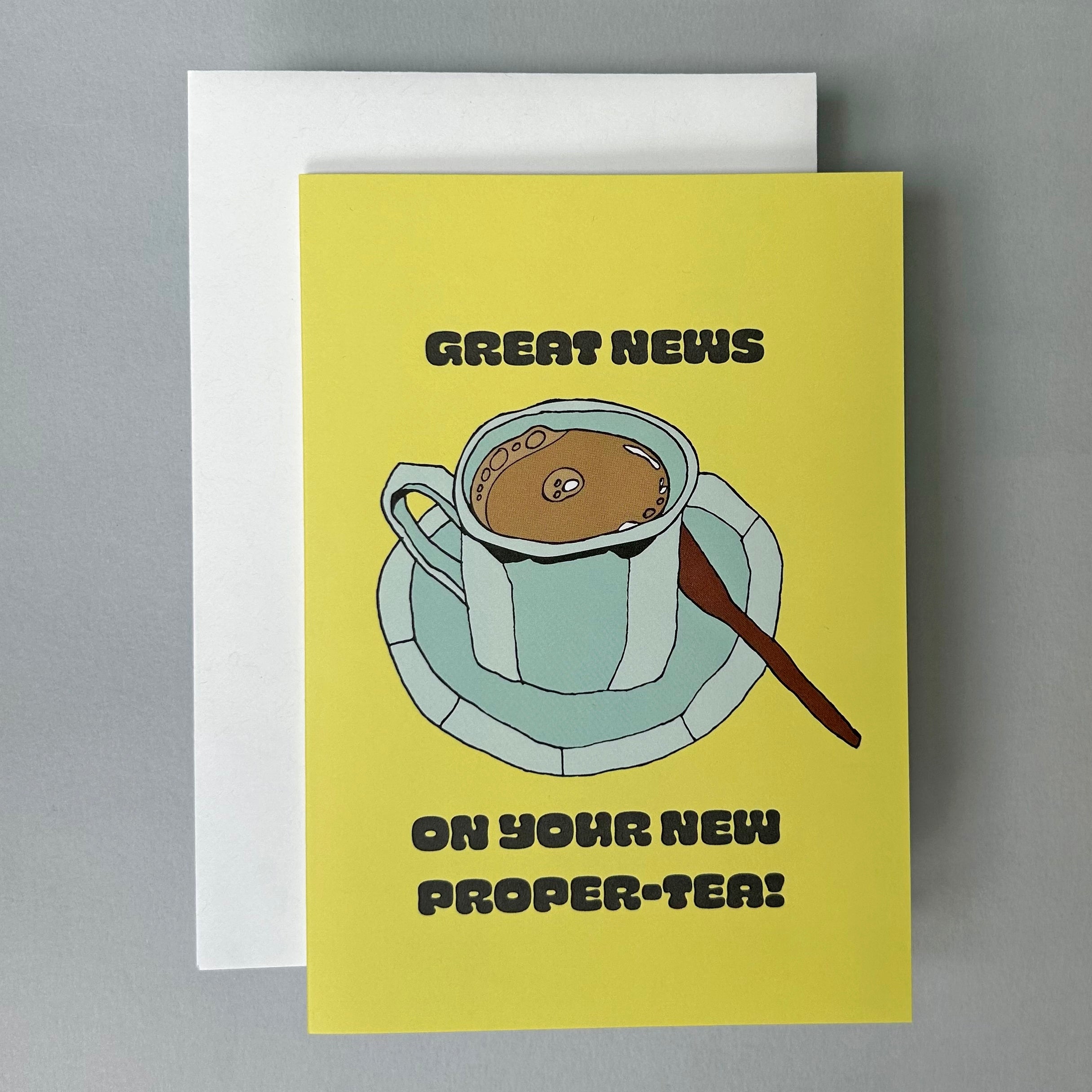 Greeting card with a cup of tea illustration and text on a yellow background