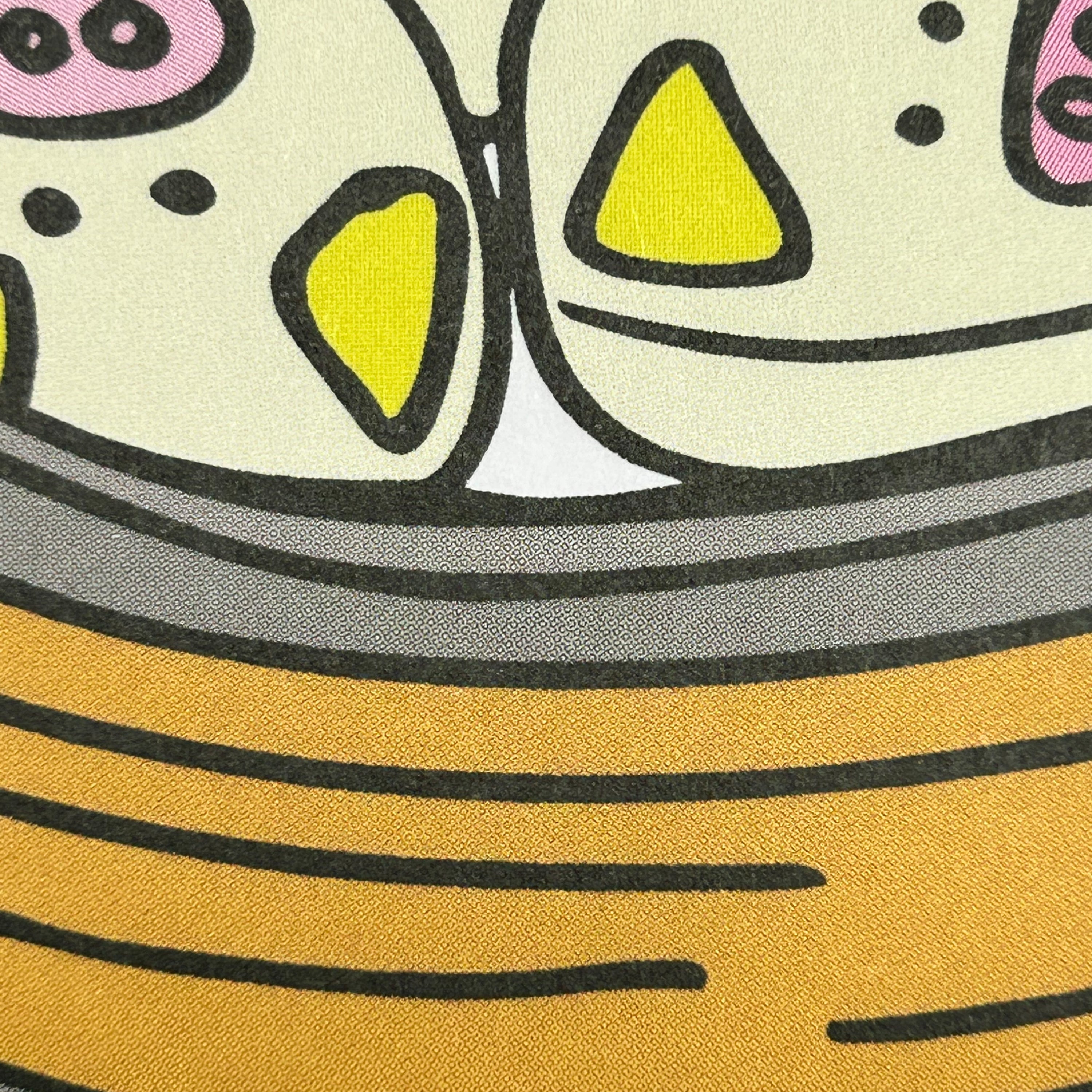 Close up detail of a colour illustration of a pair of hands carrying three bamboo baskets stacked with dim sum, the top basket has pig shaped bao.