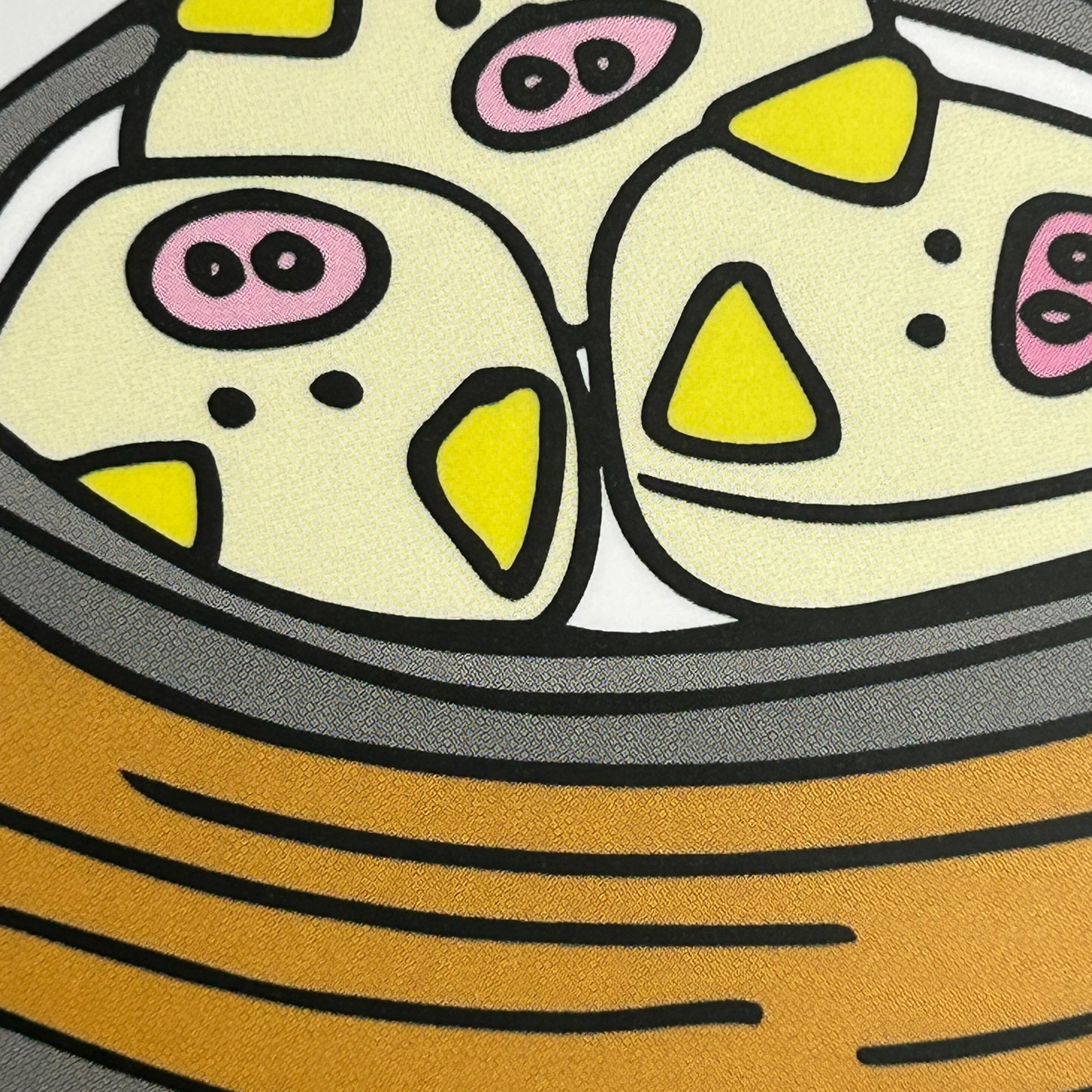 Close up detail of a colour illustration of pair of hands carrying three bamboo baskets stacked with dim sum, the top basket has Piggy Bao.