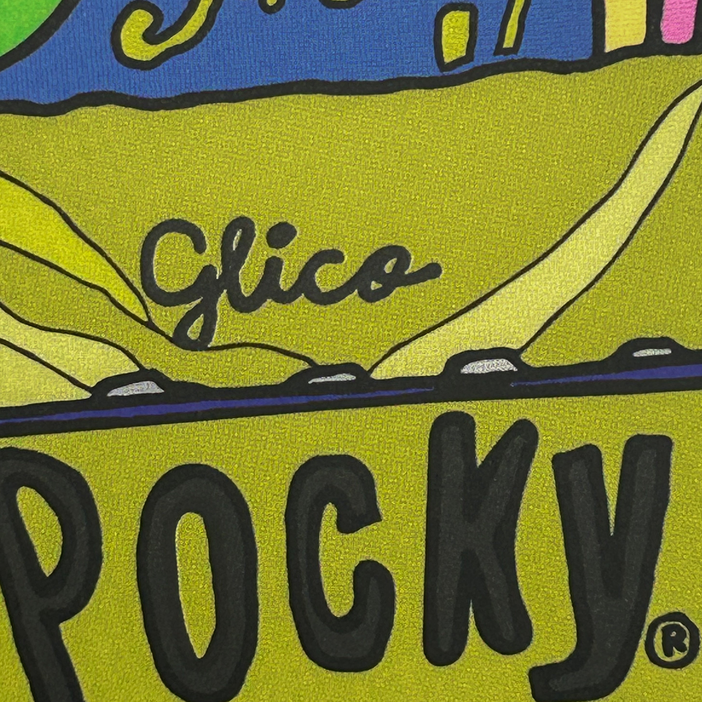 Close up detail of a colour illustration of a hand holding an opened box of Blueberry Taste Pocky.
