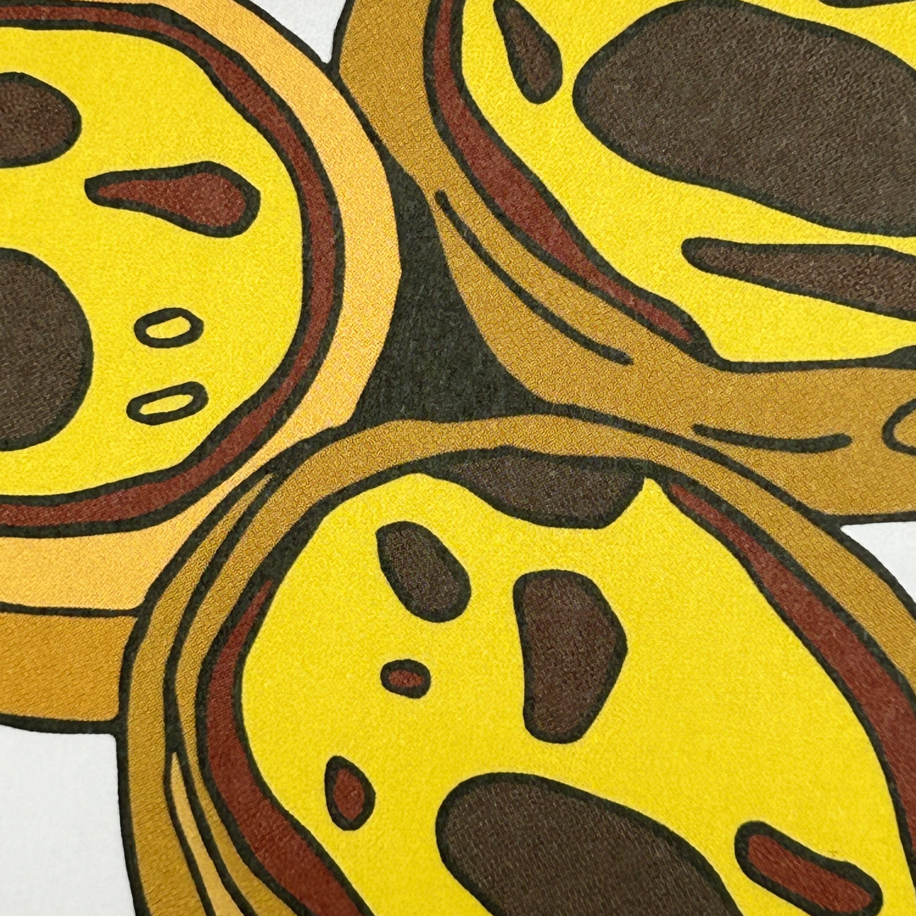 Close up detail of a colour illustration of four Portuguese egg tarts in an open box.