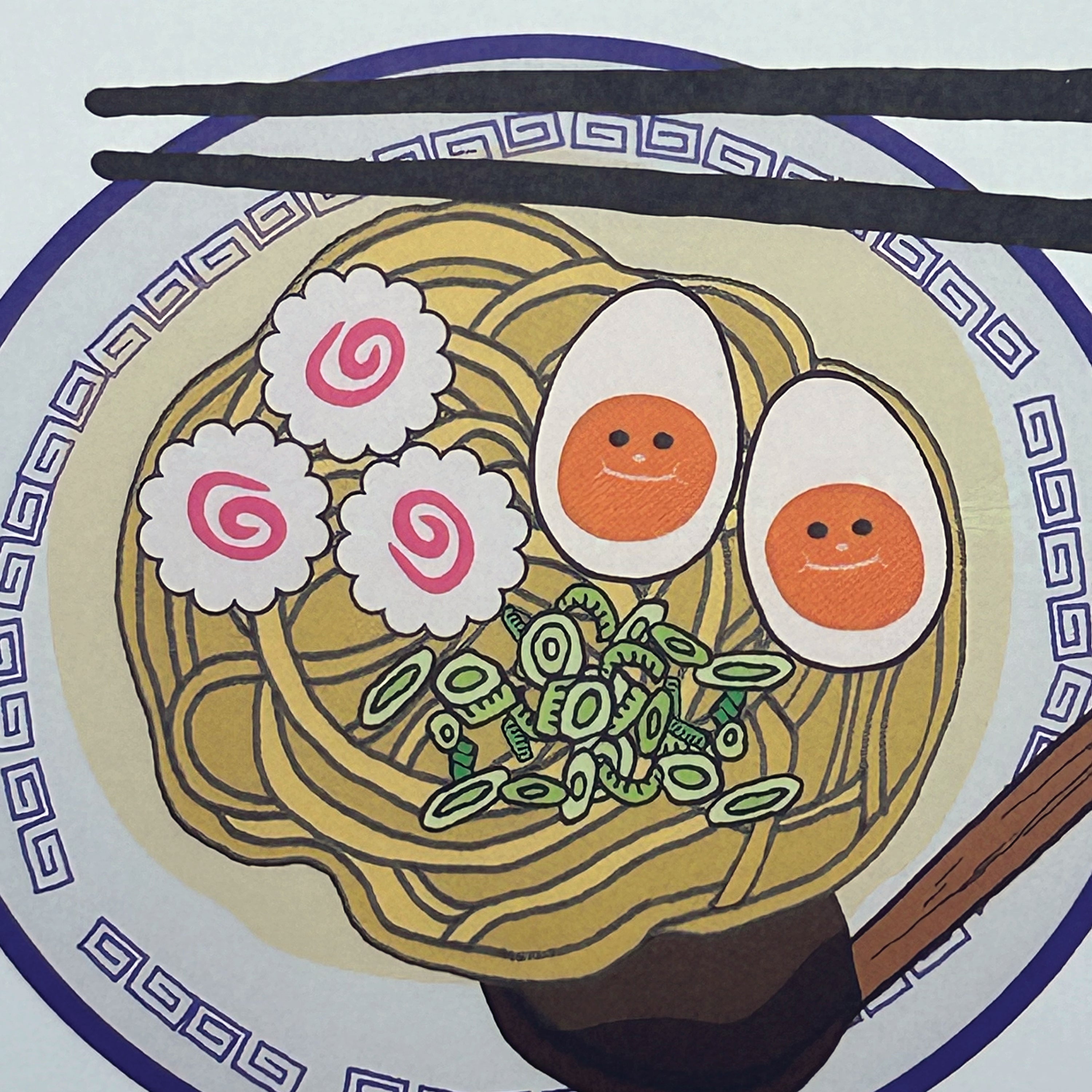 Illustration of a decorative bowl with ramen and smiling eggs and fishcakes with a pair of chopsticks.