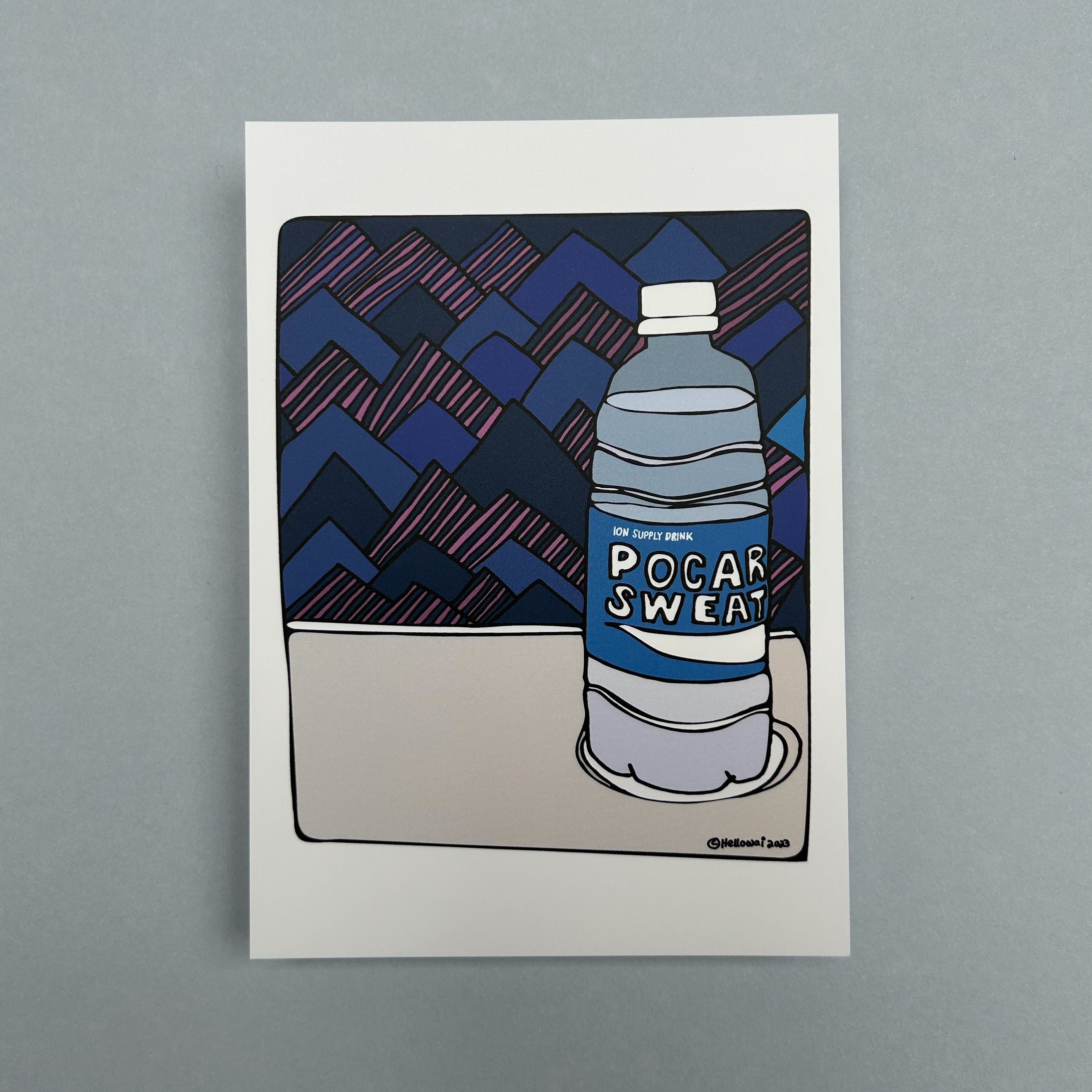 An A6 Hello Wai flat notecard with a colour illustration of a bottle of Pocari Sweat on a serving tray behind a seat on a Japanese Shinkansen “Bullet Train”, printed on white card. 
