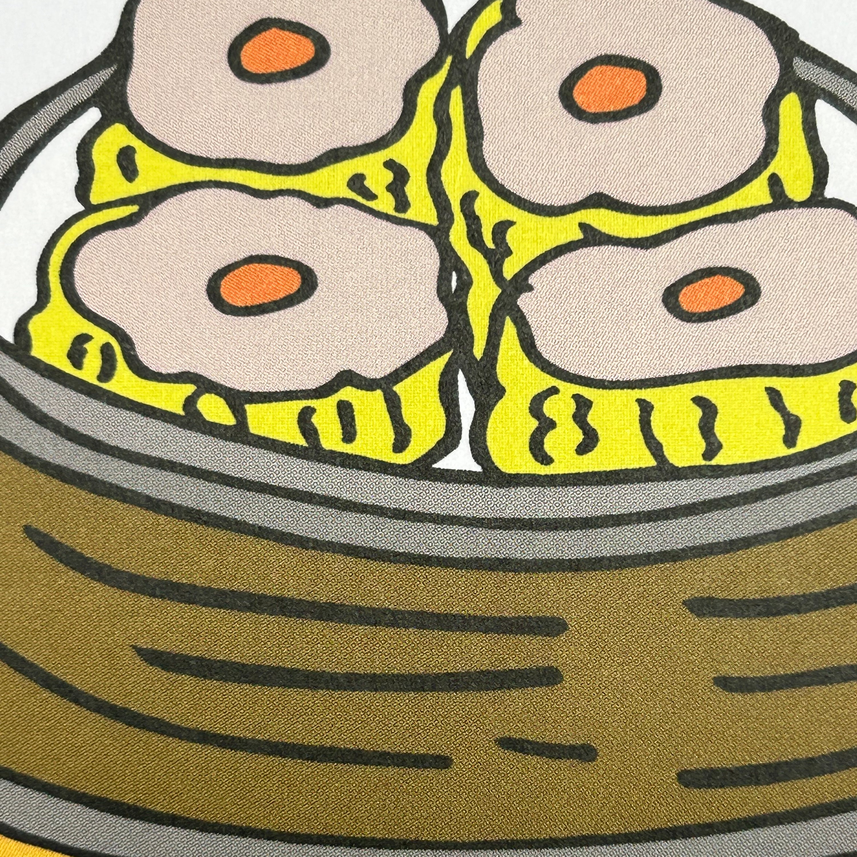 Close up detail of a colour illustration of a pair of hands carrying three bamboo baskets stacked with dim sum, the top basket has siu mai.