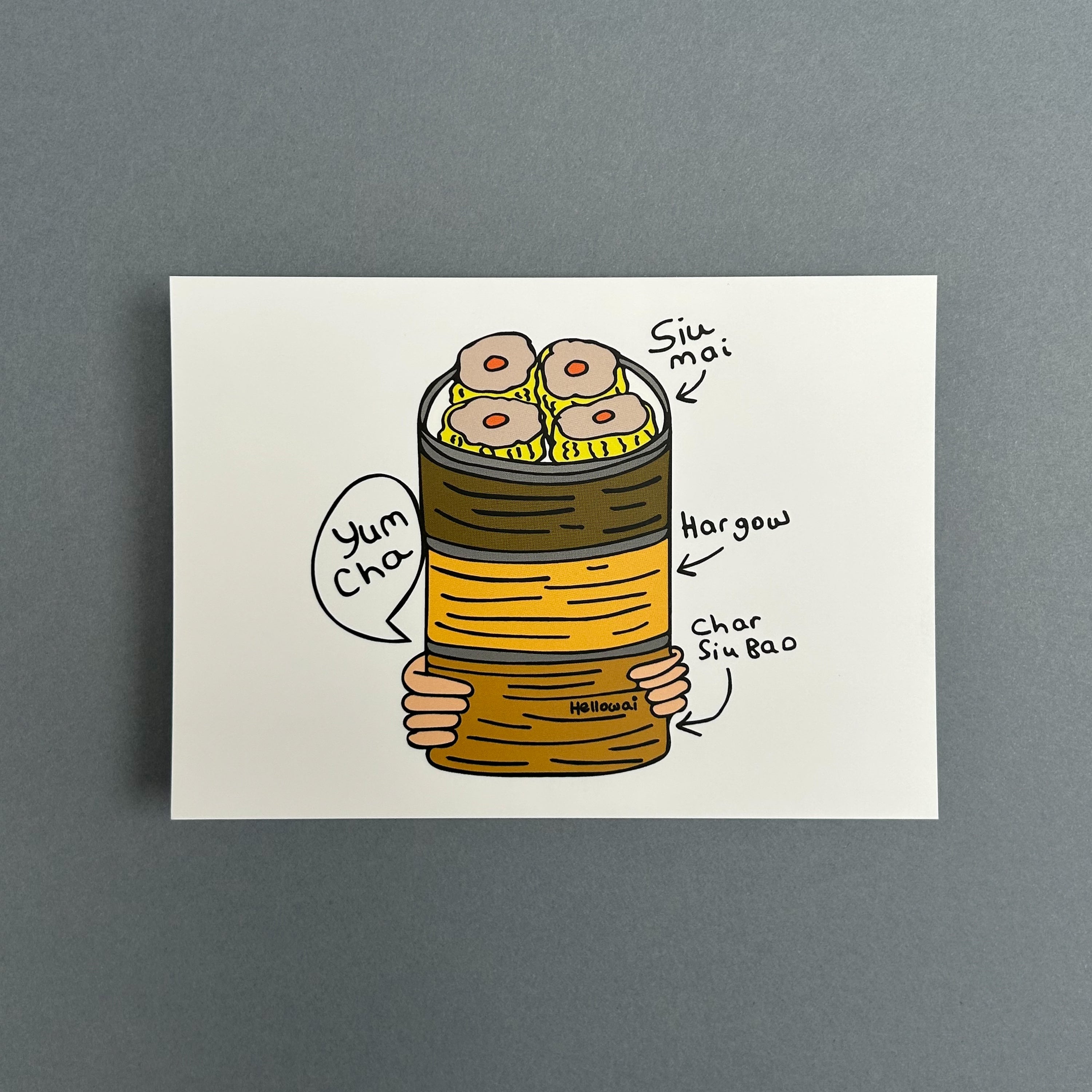 An A6 Hello Wai flat notecard with a colour illustration of pair of hands carrying three bamboo baskets stacked with dim sum, the top basket has siu mai, printed on white card.