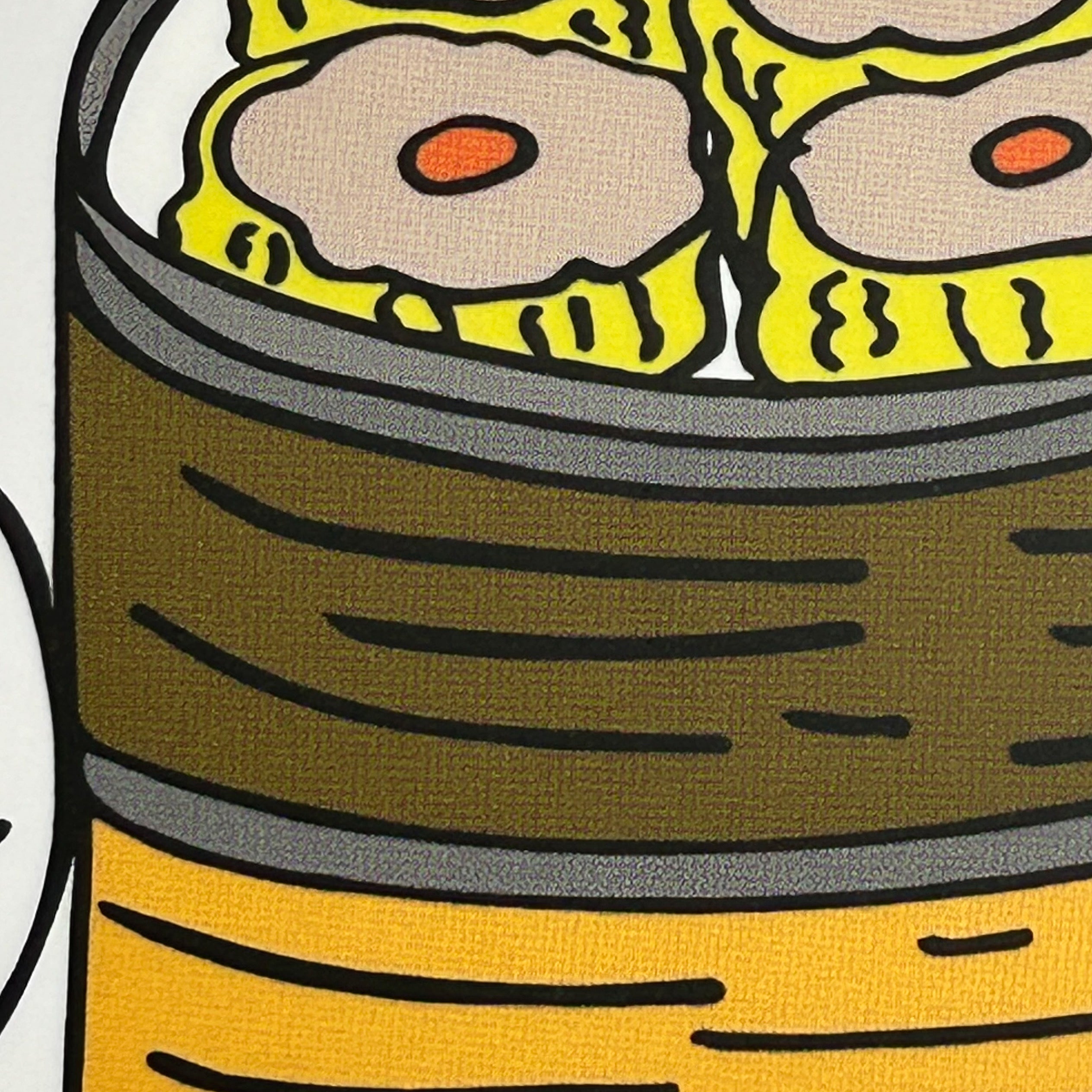 Close up detail of a colour illustration of pair of hands carrying three bamboo baskets stacked with dim sum, the top basket has siu mai.