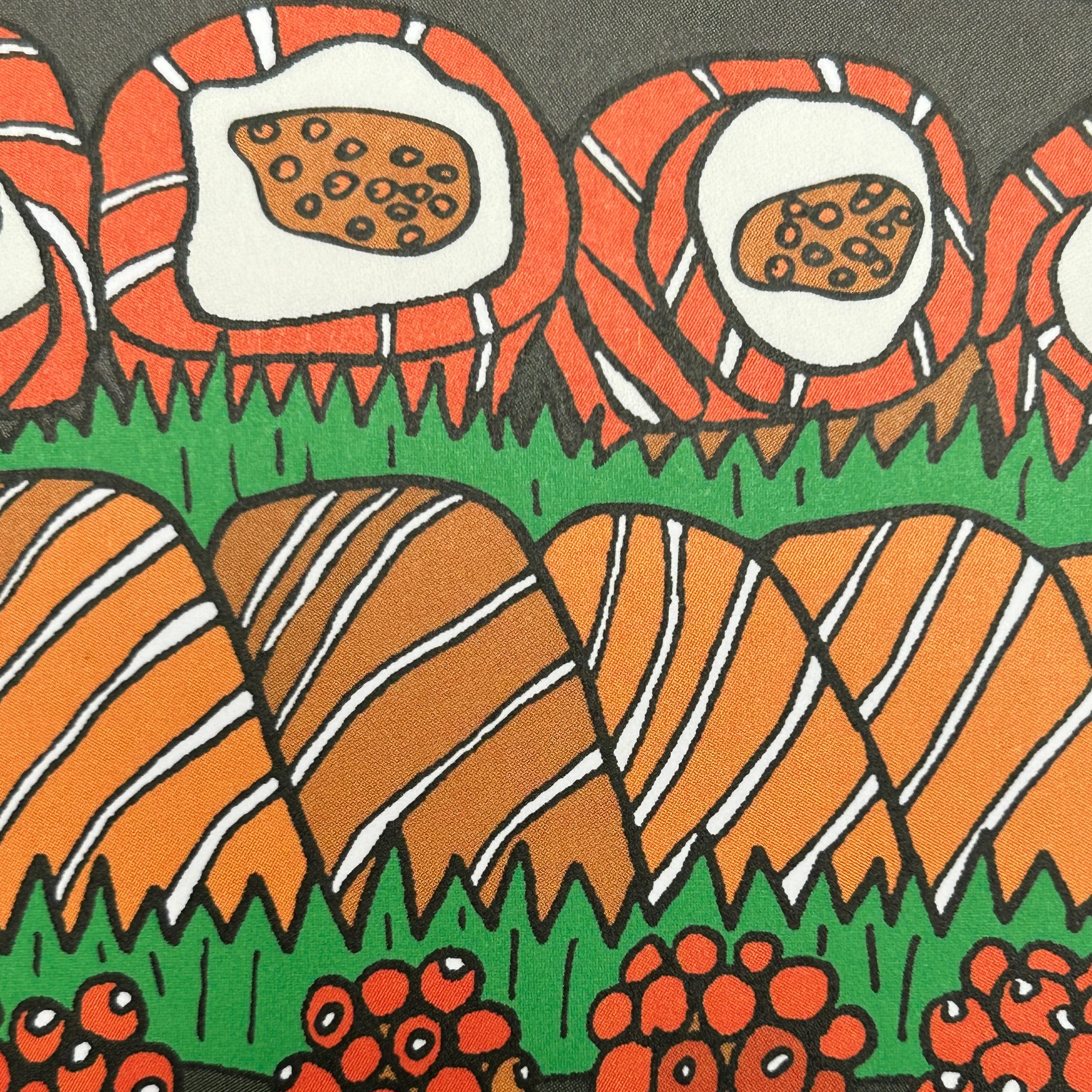 Close up detail of a colour illustration of a sushi platter with five different types of sushi rolls. 