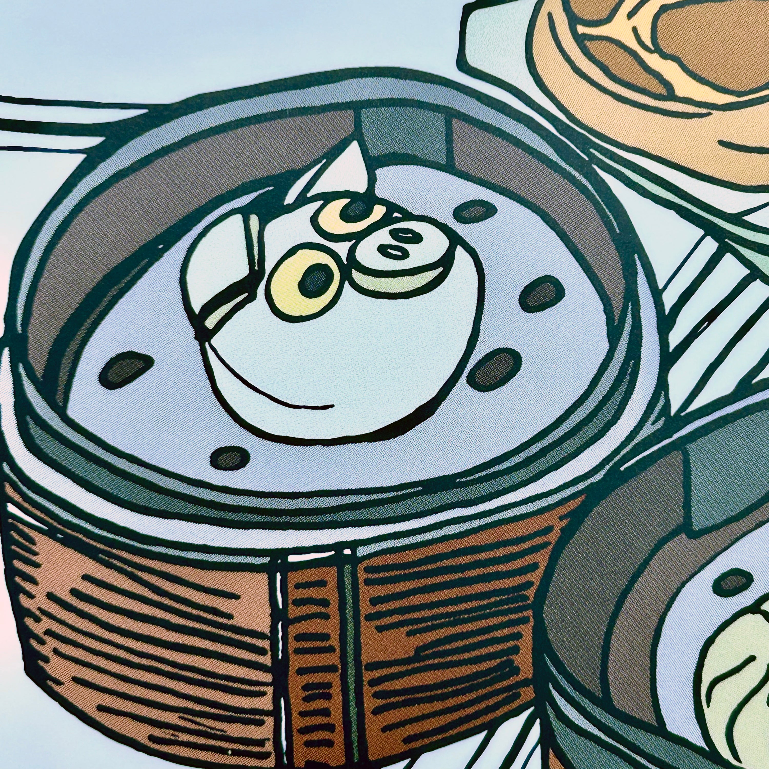 Close up detail of a colour illustration of two bamboo baskets of Chinese bao, and a plate of bolo bao.